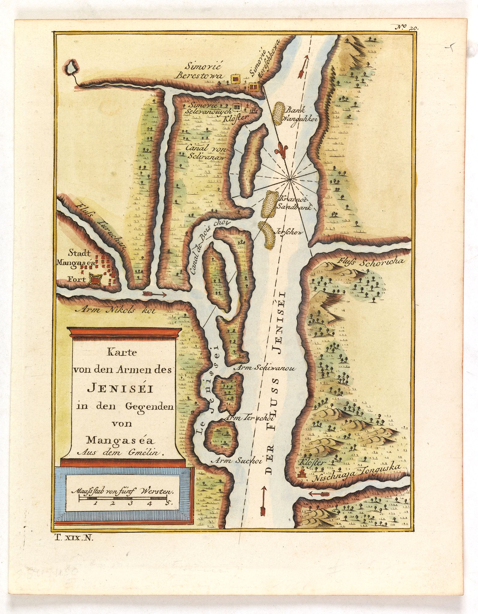 BELLIN, J.N., Karte von den Armen des Jeniséi in den Gegenden von Mangaséa Aus dem Gmélin., antique map, old maps