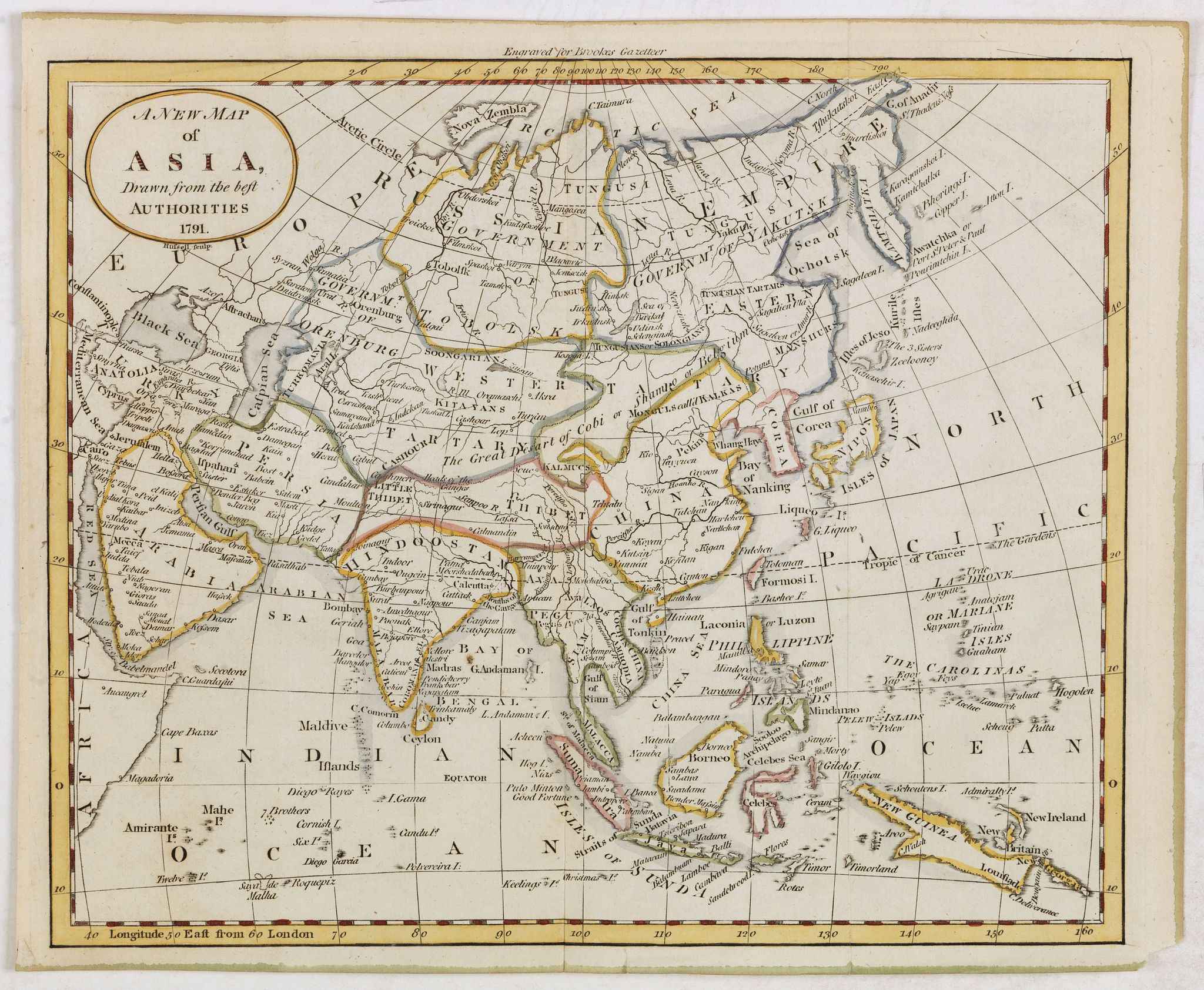 RUSSELL / BROOKS, R., A New Map of Asia, Drawn from the best Authorities 1791., antique map, old maps
