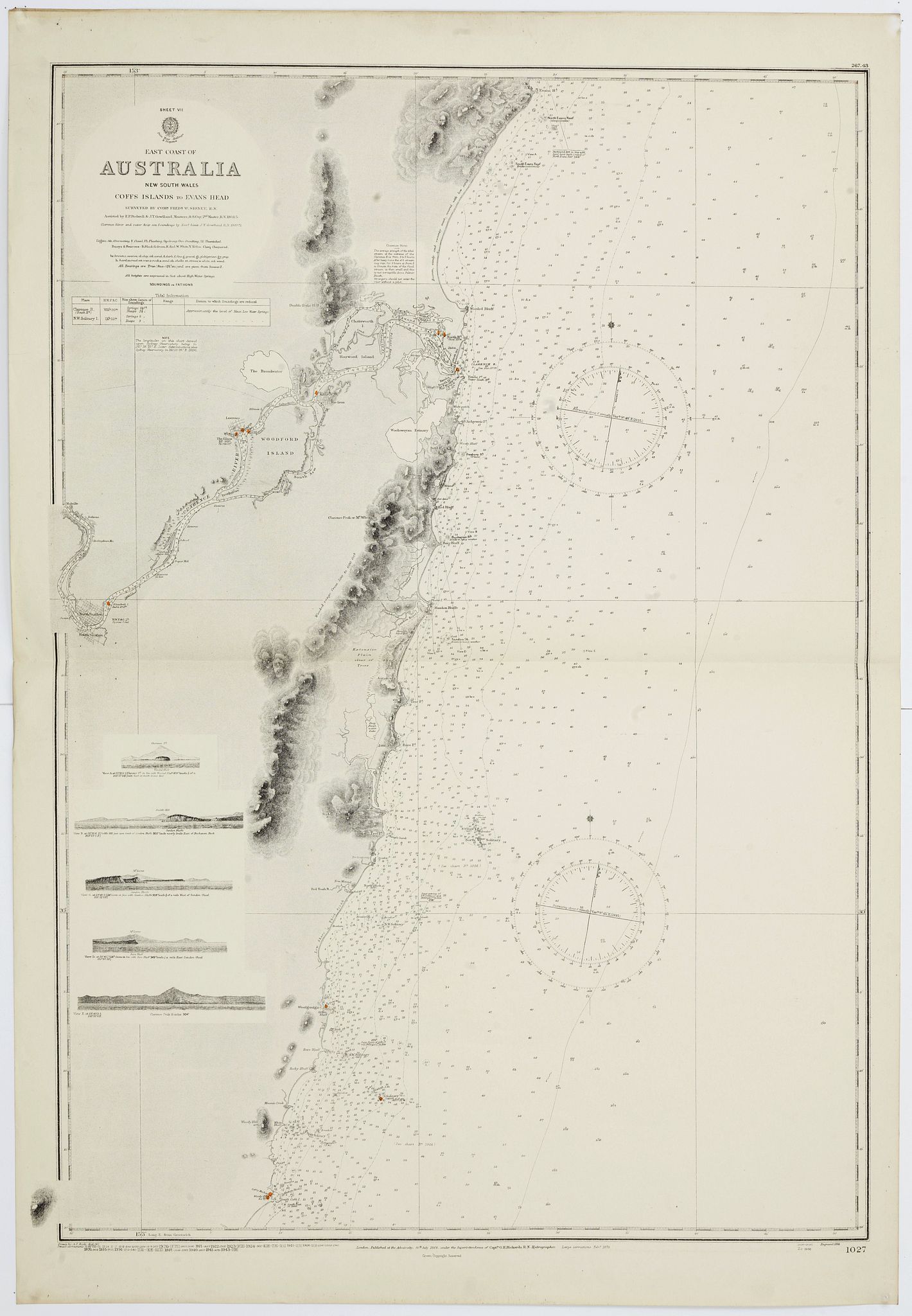 THE HYDROGRAPHIC OFFICE OF THE ADMIRALTY, East coast of Australia. New South Wales. Sheet VII, Coffs Islands to Evans Head surveyed by Comr. Fredk. W. Sidney R.N. assisted by E.P. Bedwell & J.T. Gowlland, Masters & S. Guy, 2nd Master R.N. 1864-5, antique map, old maps