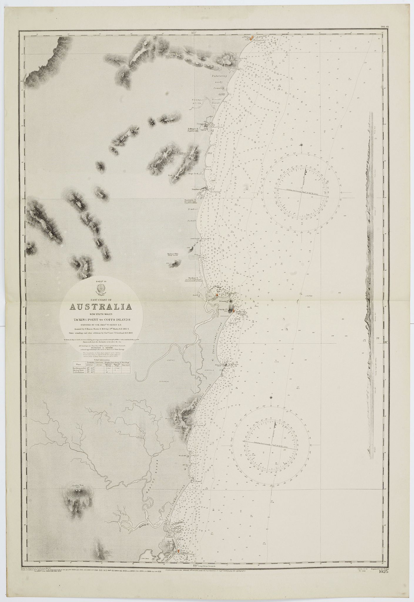 THE HYDROGRAPHIC OFFICE OF THE ADMIRALTY, Sheet VI East coast of Australia. New South Wales Tacking Point to Coffs Islands surveyed by Comr. Fredk. W. Sidney R.N. . . 1862 - 1864. . ., antique map, old maps