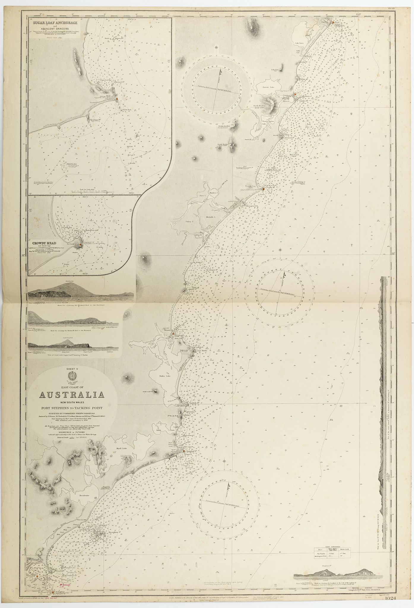 THE HYDROGRAPHIC OFFICE OF THE ADMIRALTY, Sheet V East coast of Australia. New South Wales Port Stephens to Tacking Point surveyed by Comr. Fredk. W. Sidney R.N. . . 1862-5. . . with additions and corrections to 1938. . ., antique map, old maps