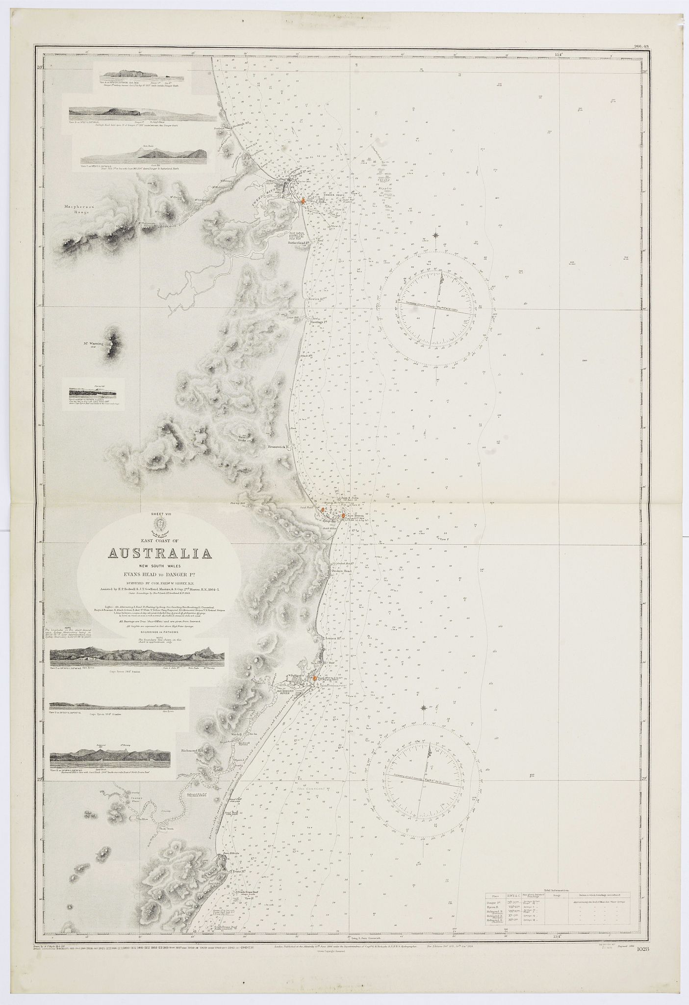 THE HYDROGRAPHIC OFFICE OF THE ADMIRALTY, Sheet V East coast of Australia. New South Wales Evans Head to Danger Pt. surveyed by Comr. Fredk. W. Sidney R.N. . . 1864-5. . ., antique map, old maps