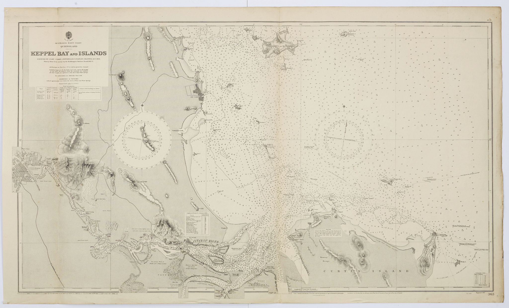 THE HYDROGRAPHIC OFFICE OF THE ADMIRALTY, Australia - East coast Queensland Keppel Bay and Islands surveyed by staff Commr. J.Jeffery. . . 1864. . ., antique map, old maps