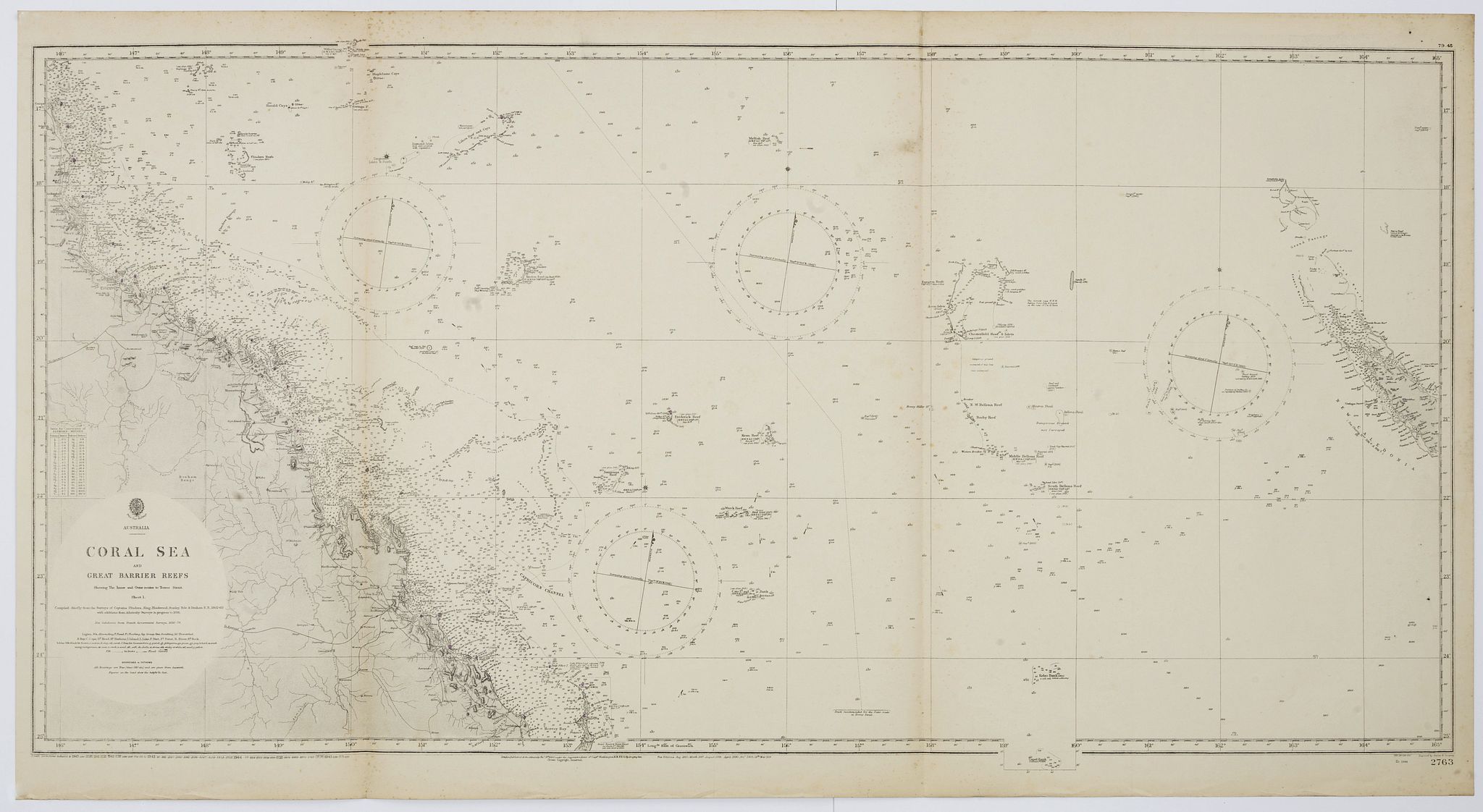THE HYDROGRAPHIC OFFICE OF THE ADMIRALTY, Australia, Coral Sea and Great Barrier Reefs shewing the inner and outer routes to Torres Strait. Sheet 1. . ., antique map, old maps