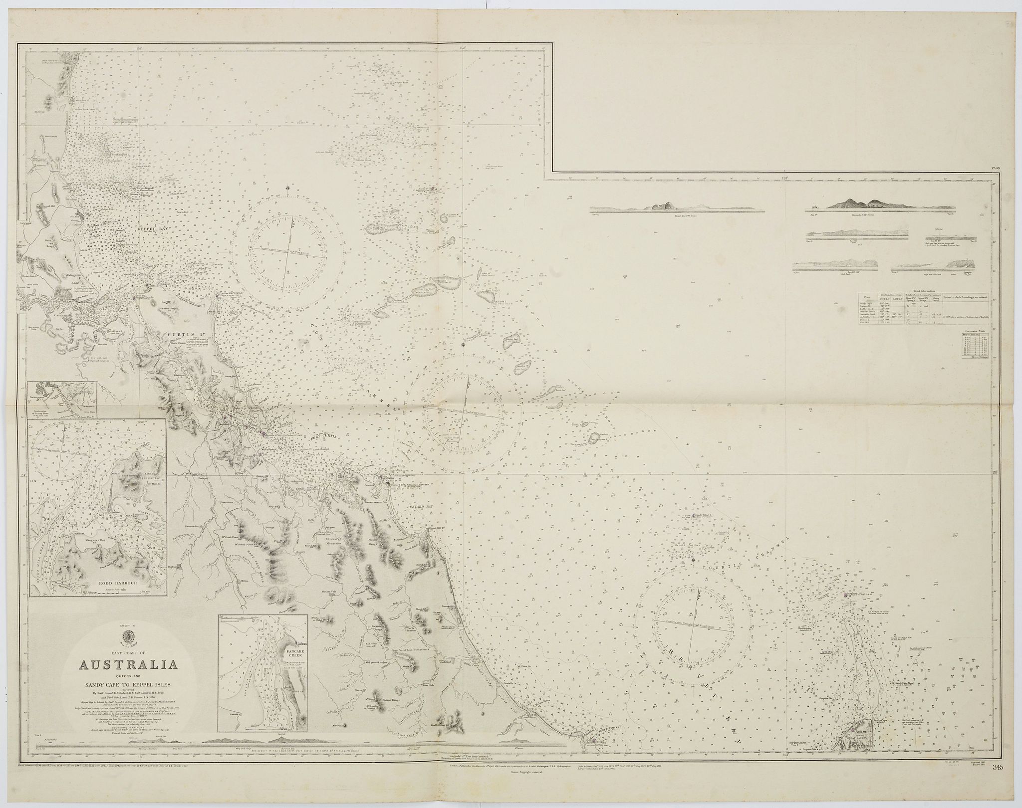 THE HYDROGRAPHIC OFFICE OF THE ADMIRALTY, Sheet XI East coast of Australia - Sandy Cape to Keppel isles surveyed by Staff Commr. E.P. Bedwell, Navg. Lieutt. E.H.S. Bray, and Navg. Sub. Lieutt. E.R. Connor, 1870, antique map, old maps