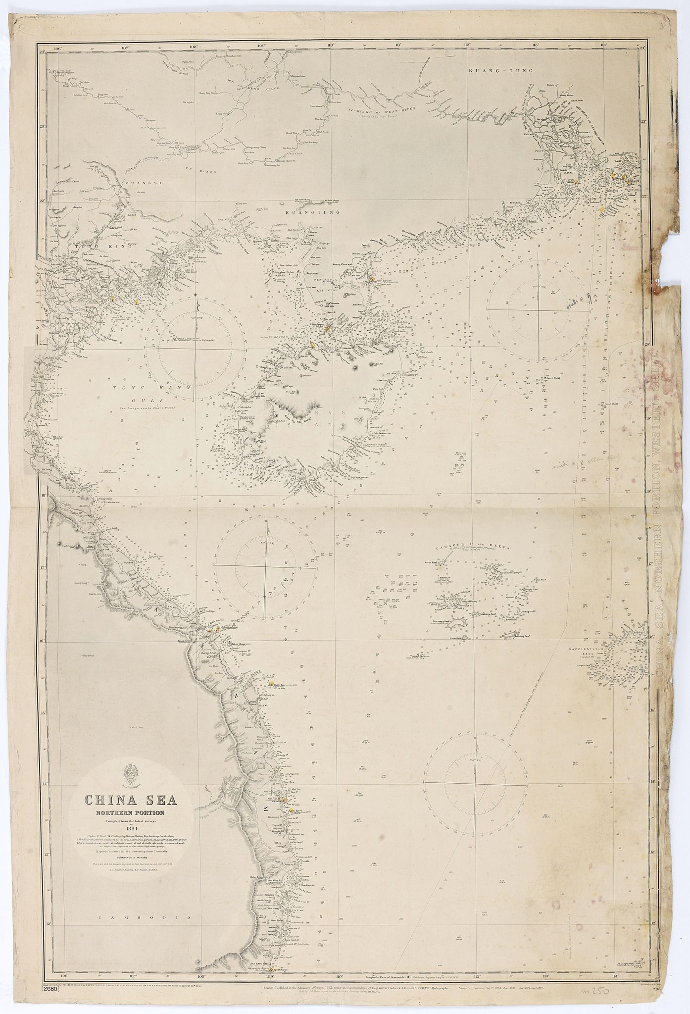 LONDON ADMIRALTY., China Sea Northern Portion Completed from the latest surveys to 1884., antique map, old maps