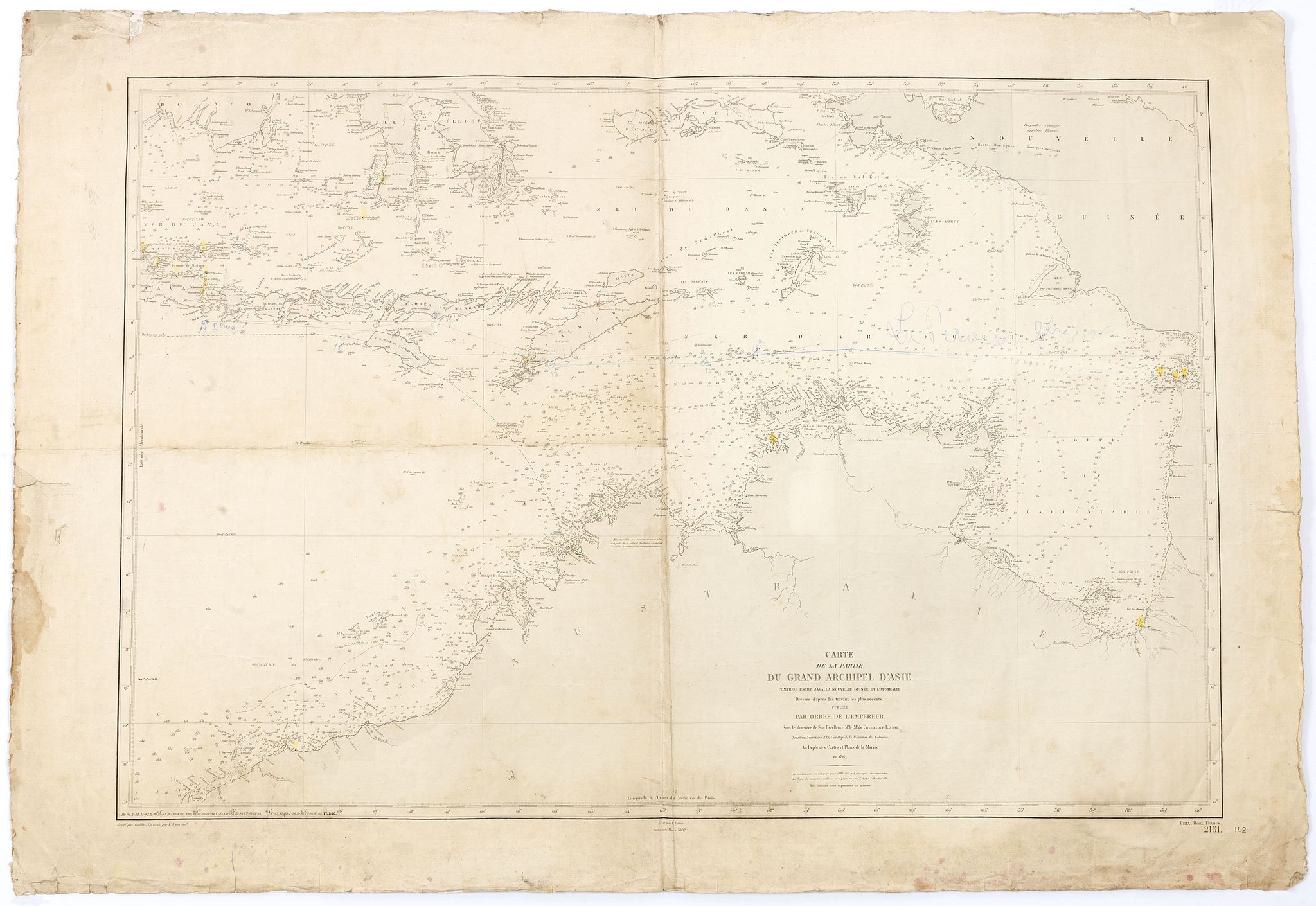 DEPOT DES CARTES ET PLANS DE LA MARINE, Carte de la partie du grand archipel d'Asie comprise entre Java, la Nouvelle-Guine´e et l'Australie dresse´e d'apre`s les travaux les plus re´cents publie´e par ordre de l'Empereur,, antique map, old maps