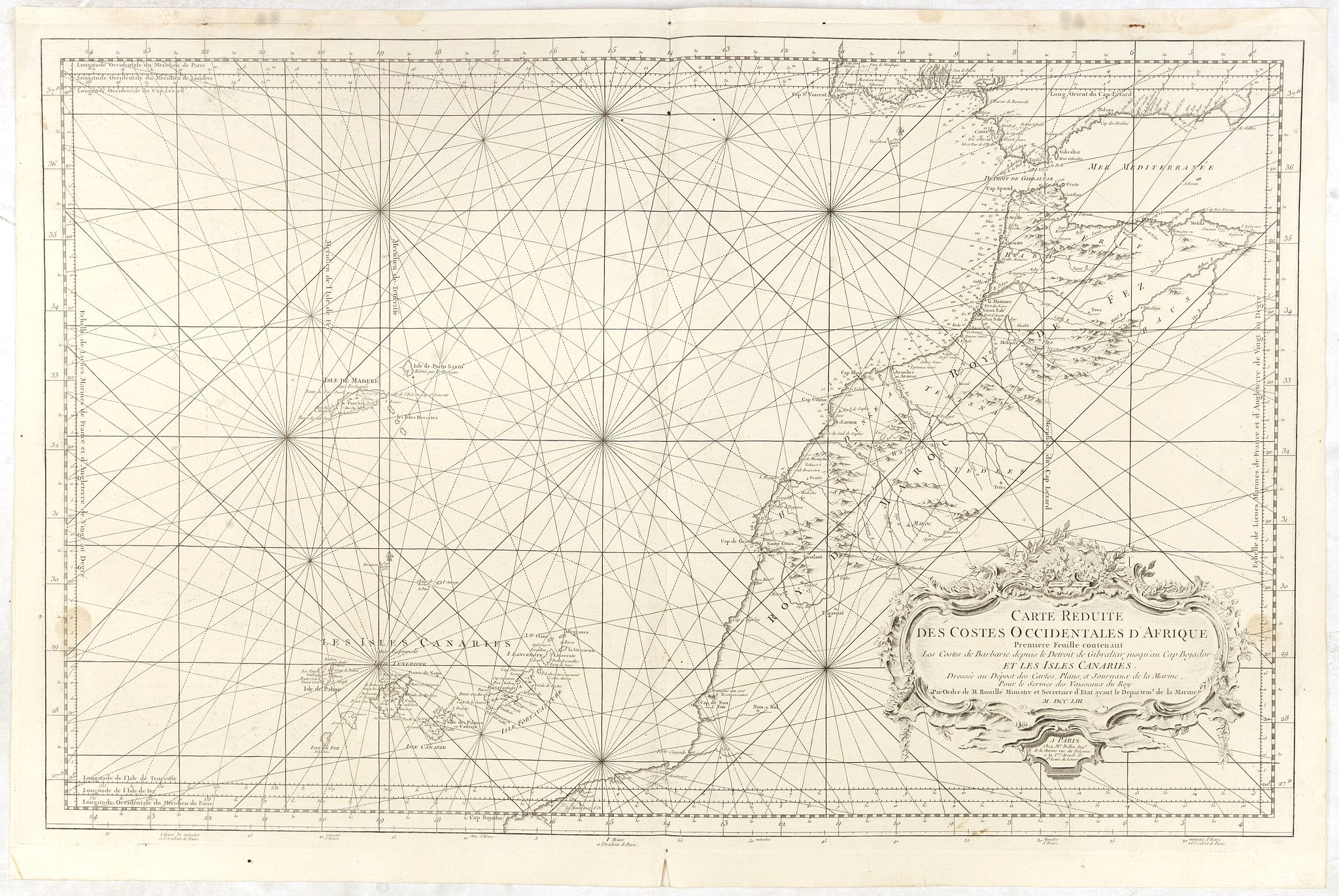 DÉPÔT GÉNÉRAL DE LA MARINE / BELLIN, N., Carte Reduite Des Costes Occidentales D'Afrique Premiere Feuille contenant Les Costes de Barbarie depuis le Detroit de Gibraltar jusqu'au Cap Bojador Et Les Canaries . . . MDCCLIII, antique map, old maps