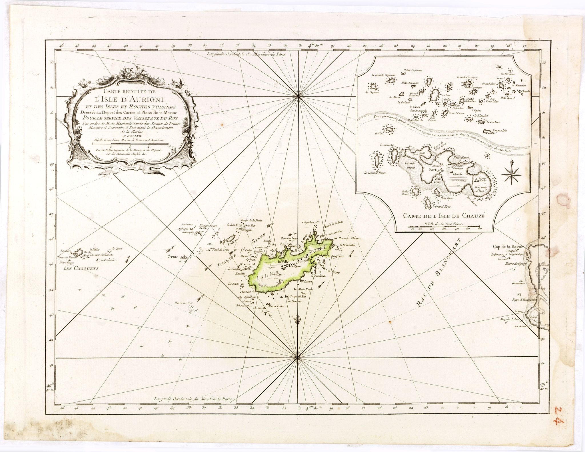 BELLIN, N., Carte reduite de l'isle d'Aurigni et des isles et roches voisines dressée au Depost des Cartes et Plans . . ., antique map, old maps