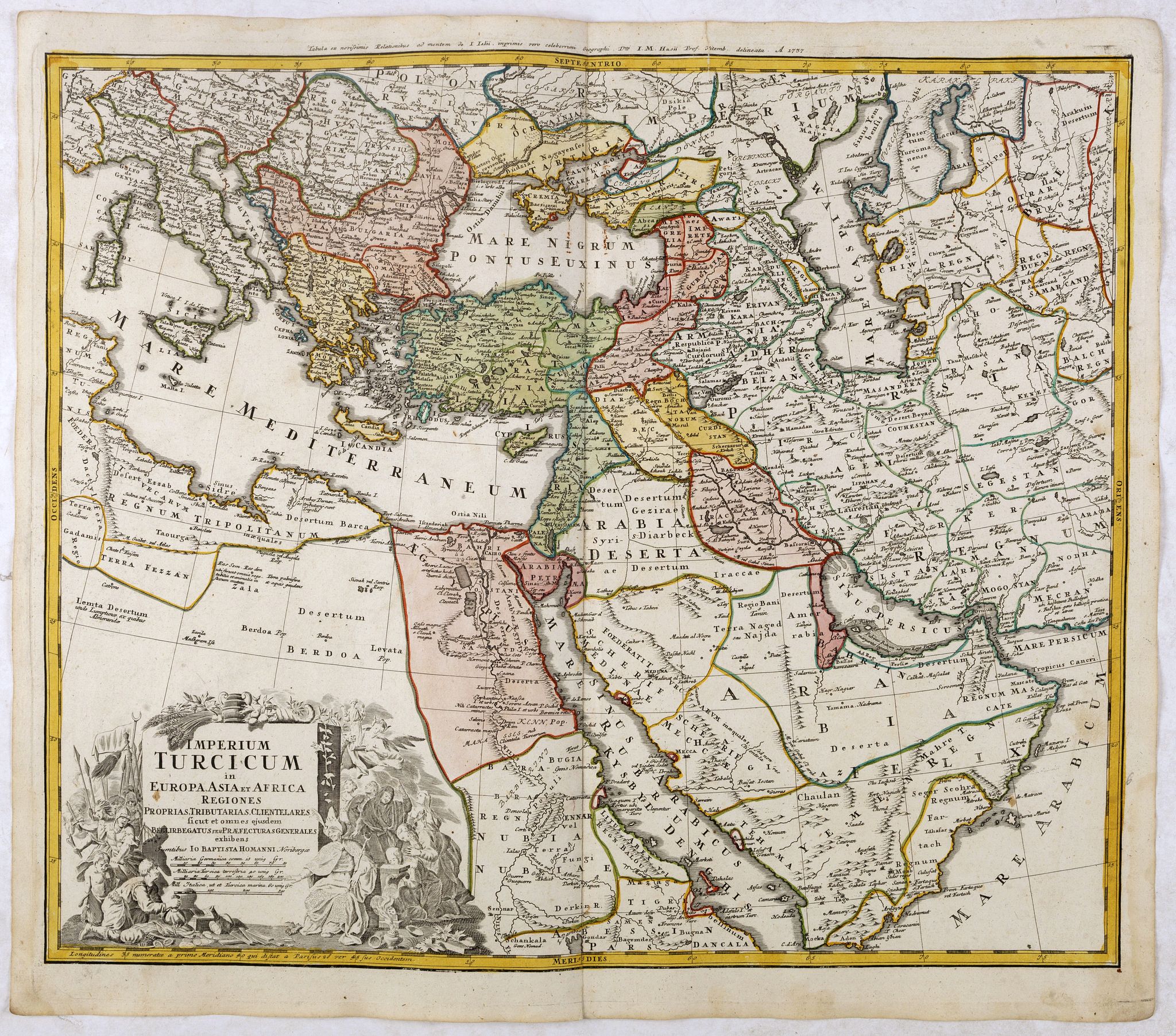 HOMANN, J.B., Imperium Turcicum in Europa, Asia et Africa Regiones proprias, tributarias, clientelares sicut et omnes eusdem Beglirbegatus seu Præfecturas Generales exhibens. . ., antique map, old maps