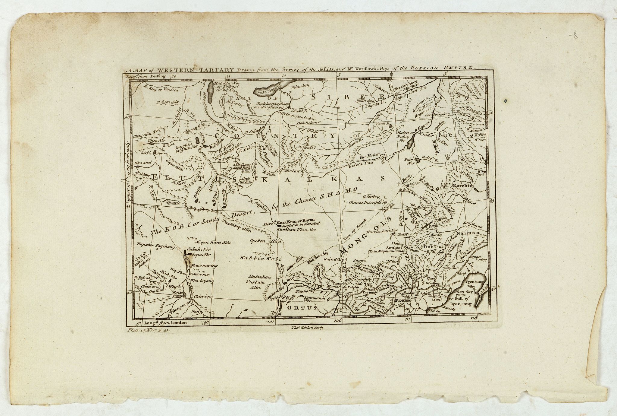 KITCHIN,Th., A Map of Western Tartary Drawn from the Survey of the Jesuits and Mr. Kyrillow's Map of the Russian Empire., antique map, old maps