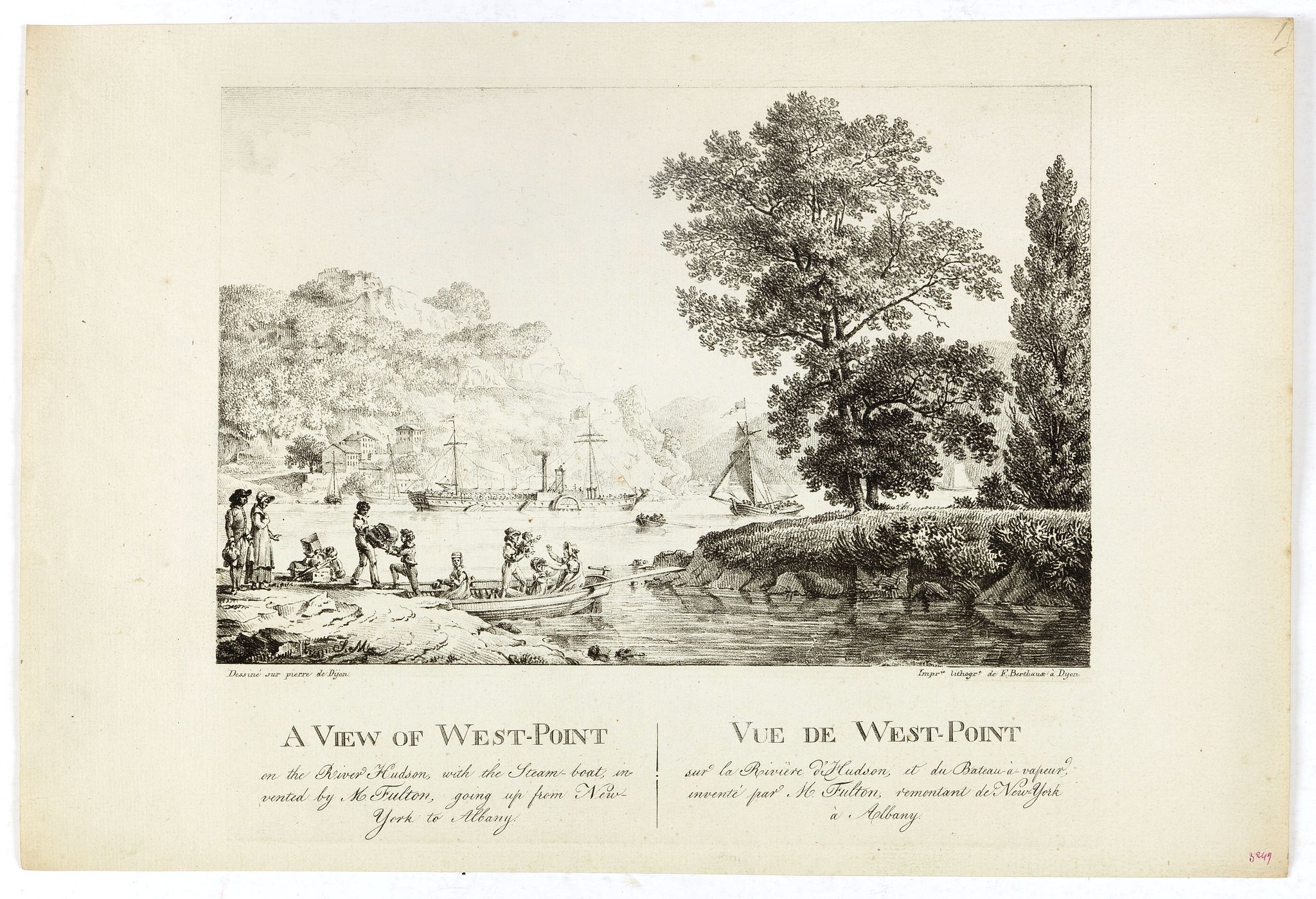 BERTHAUX, F., A View of West-Point on the River Hudson, With the Steam-Boat, invented by M. Fulton, going up from New-York to Albany., antique map, old maps