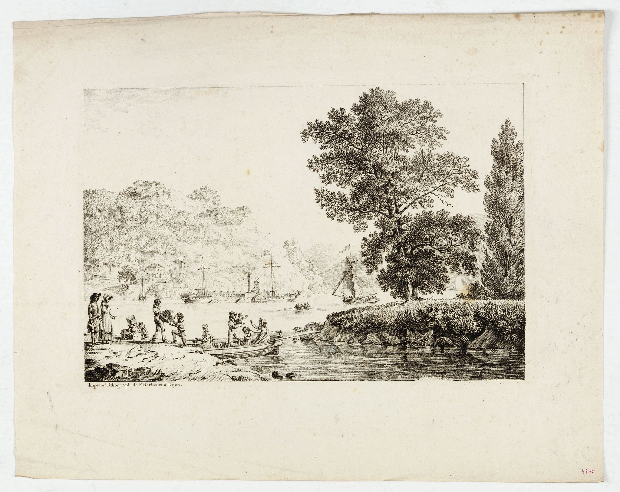 BERTHAUX, F., Proof state without title. (A View of West-Point on the River Hudson, With the Steam-Boat, invented by M. Fulton, going up from New-York to Albany.), antique map, old maps