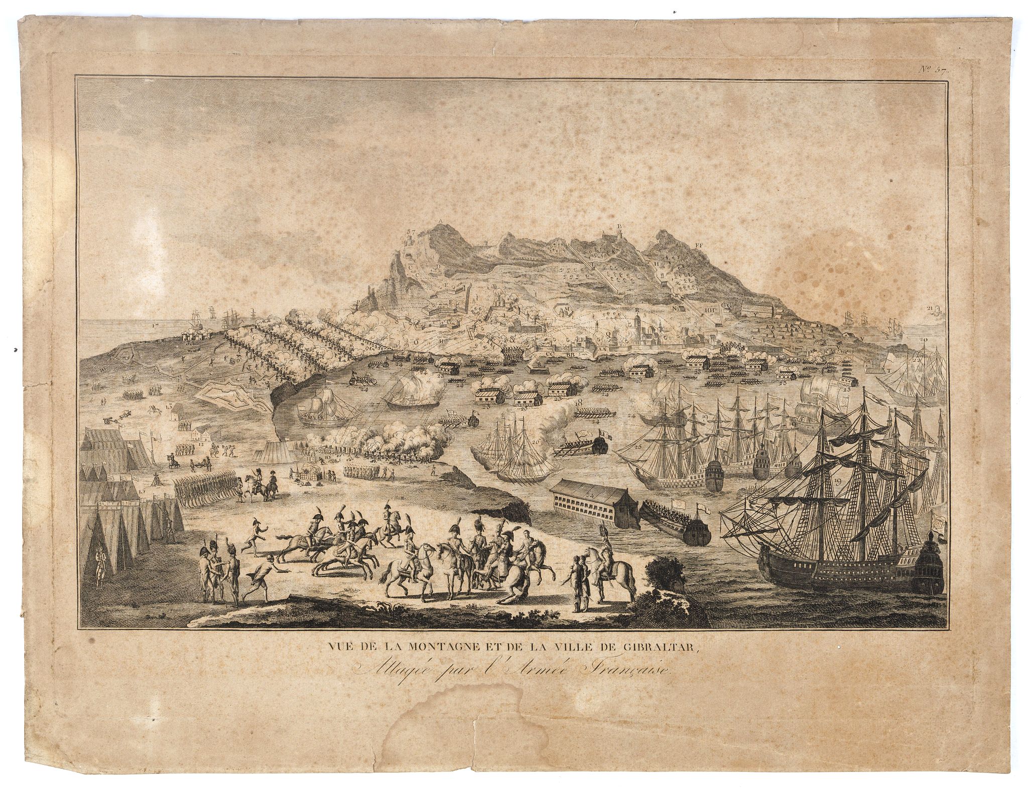 ANONYMOUS, Vue de la Montagne et de la Ville de Gibraltar, attaquée par l'armée Française., antique map, old maps
