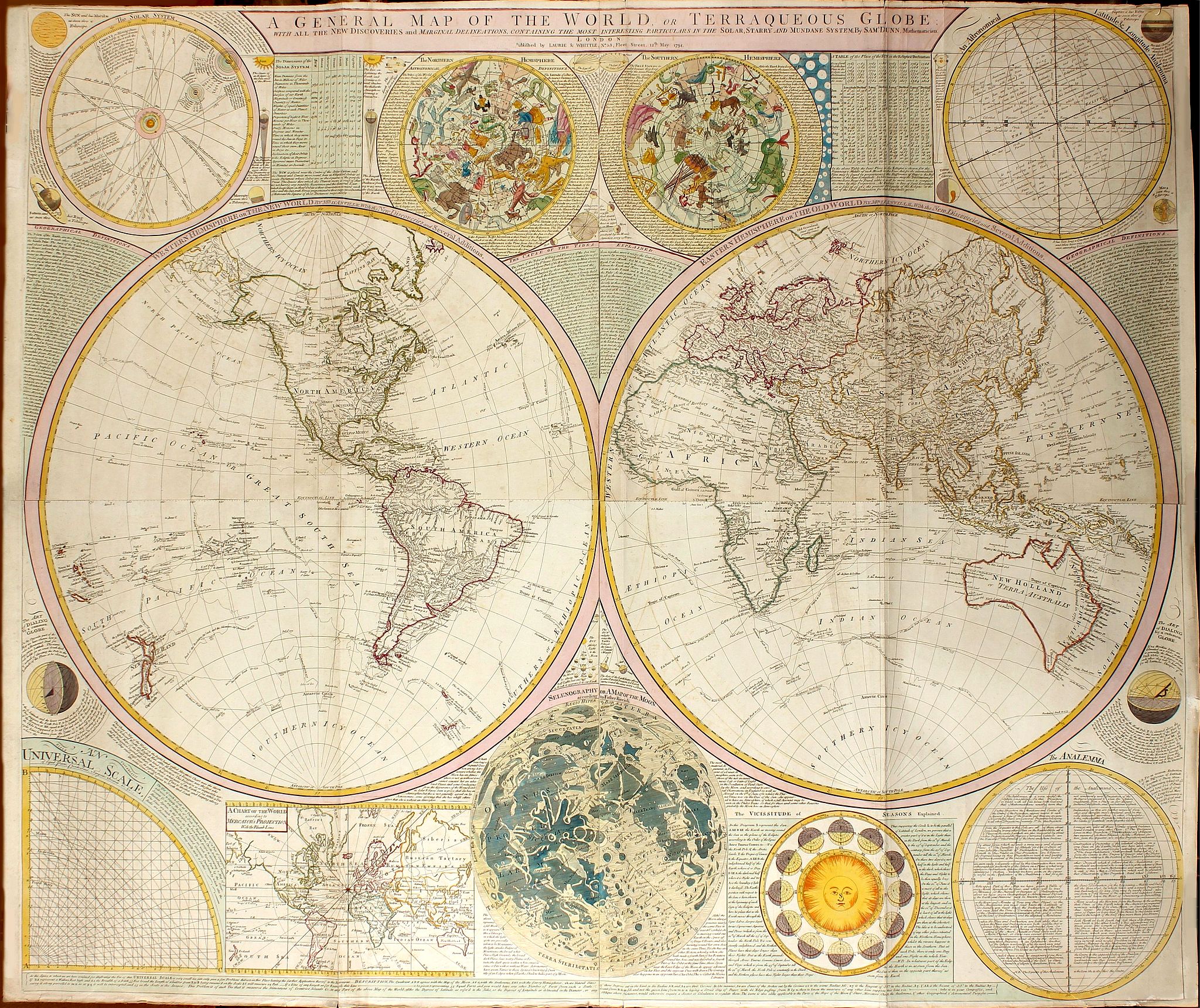 KITCHIN, Th., A General Map of the World or Terraqueous Globe, with all the New Discoveries and Marginal Delineations, Containing the Most Interesting Particulars in the Solar, Starry and Mundane Systems . . . 1794., antique map, old maps