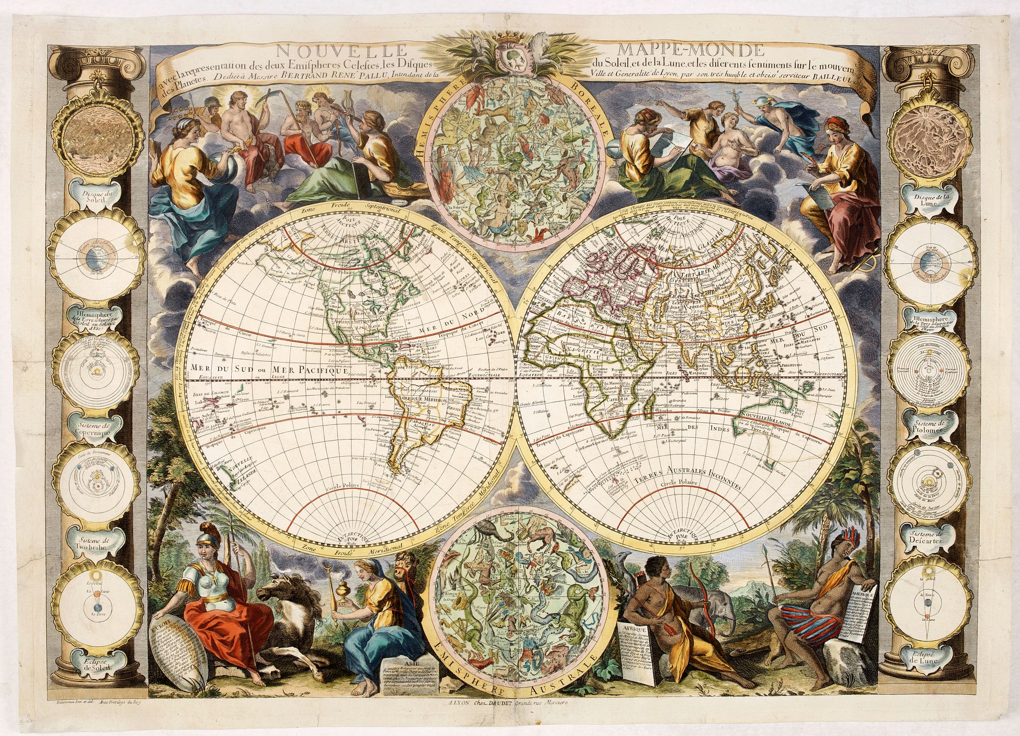 DAUDET, J. L., Nouvelle mappe-monde avec la représentation des deux hémisphères ... Gravée par Delamonce et publiée par Daudet, marchand de cartes à Lyon. . ., antique map, old maps