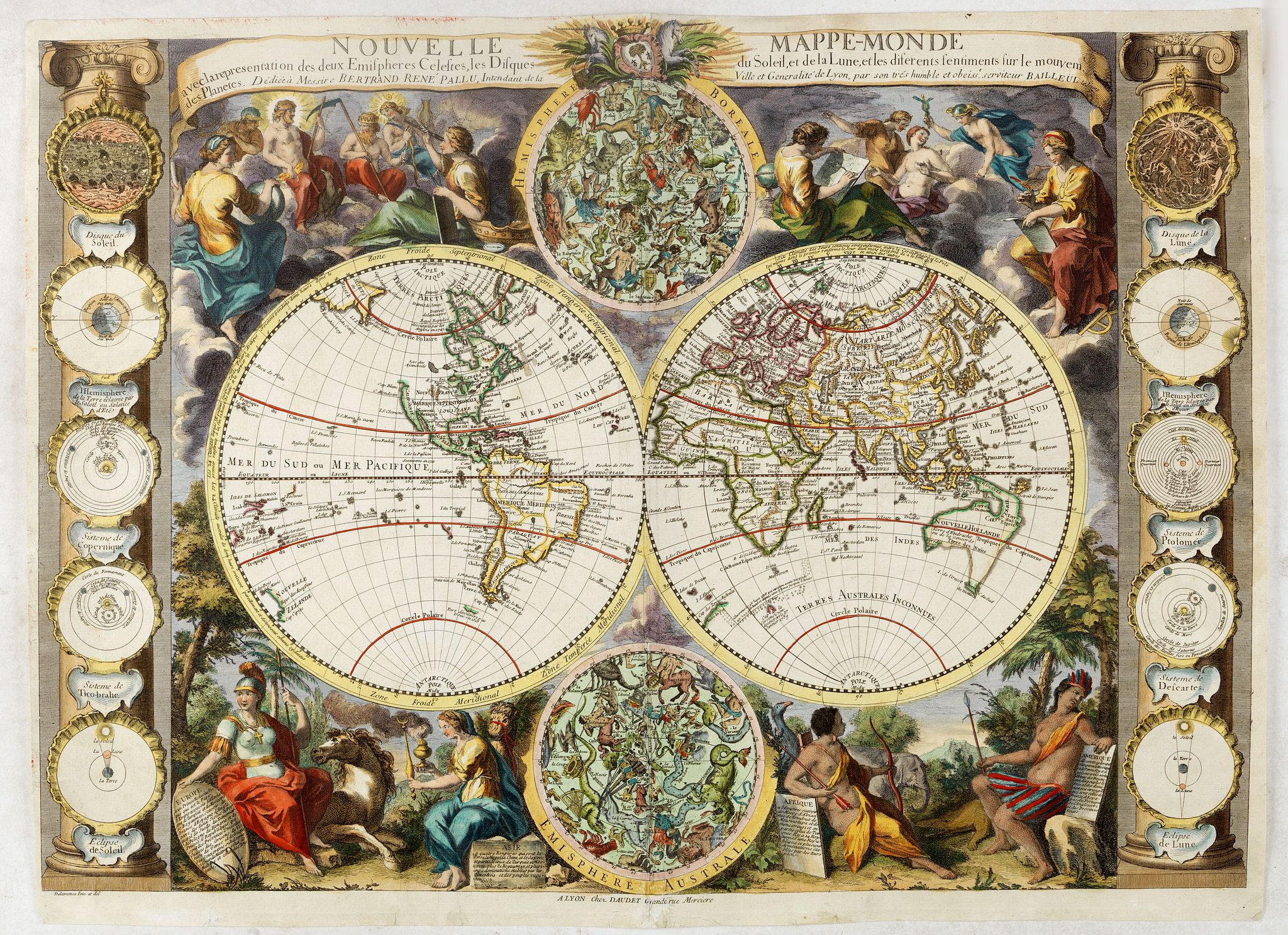 DAUDET, J. L., Nouvelle mappe-monde avec la représentation des deux hémisphères ... Gravée par Delamonce et publiée par Daudet, marchand de cartes à Lyon. . ., antique map, old maps