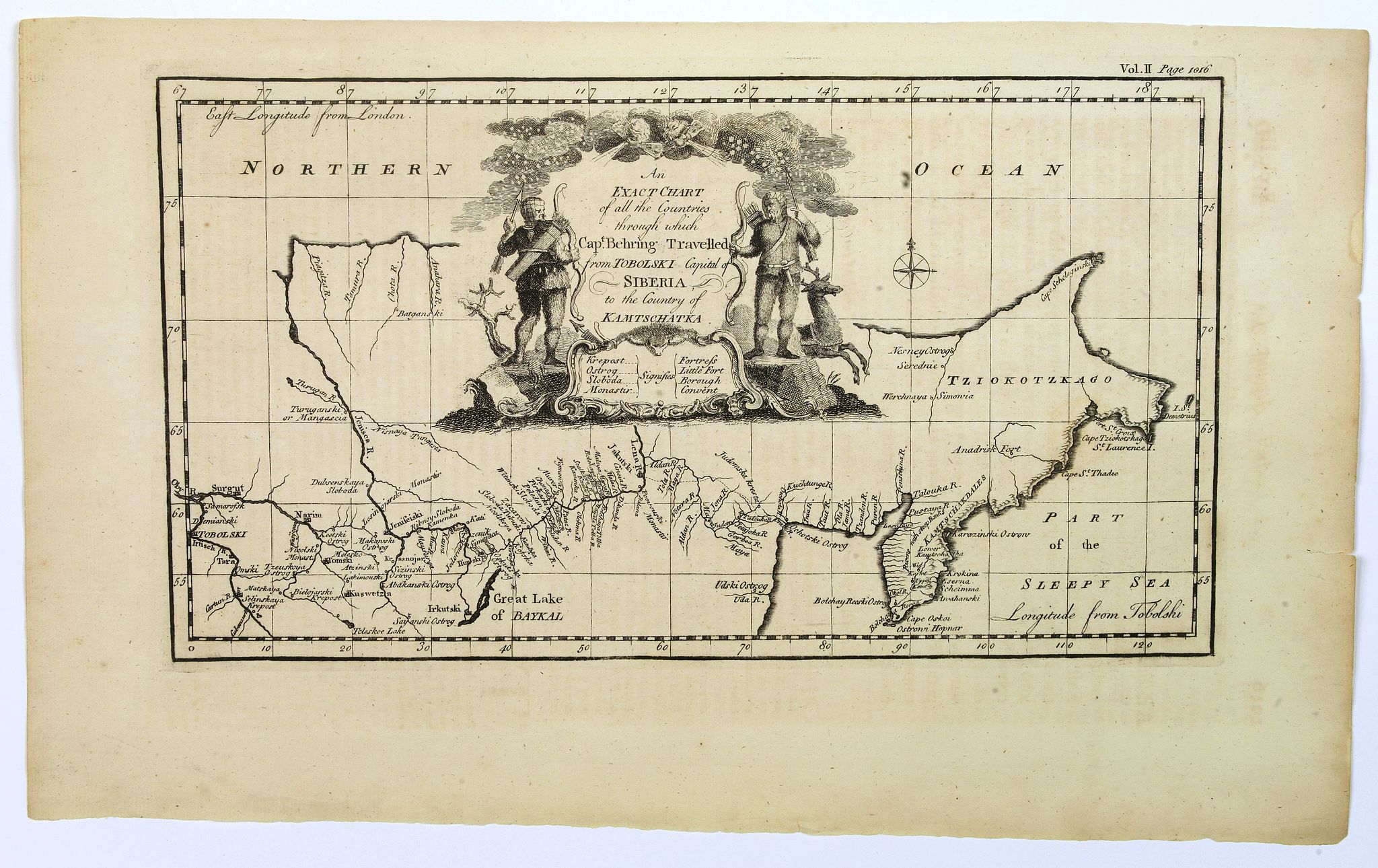 BOWEN, E., An exact chart of the countries through wich Capt. Behring travelled from Tobolsky capital of Siberia ti the country of Kamtschatka., antique map, old maps