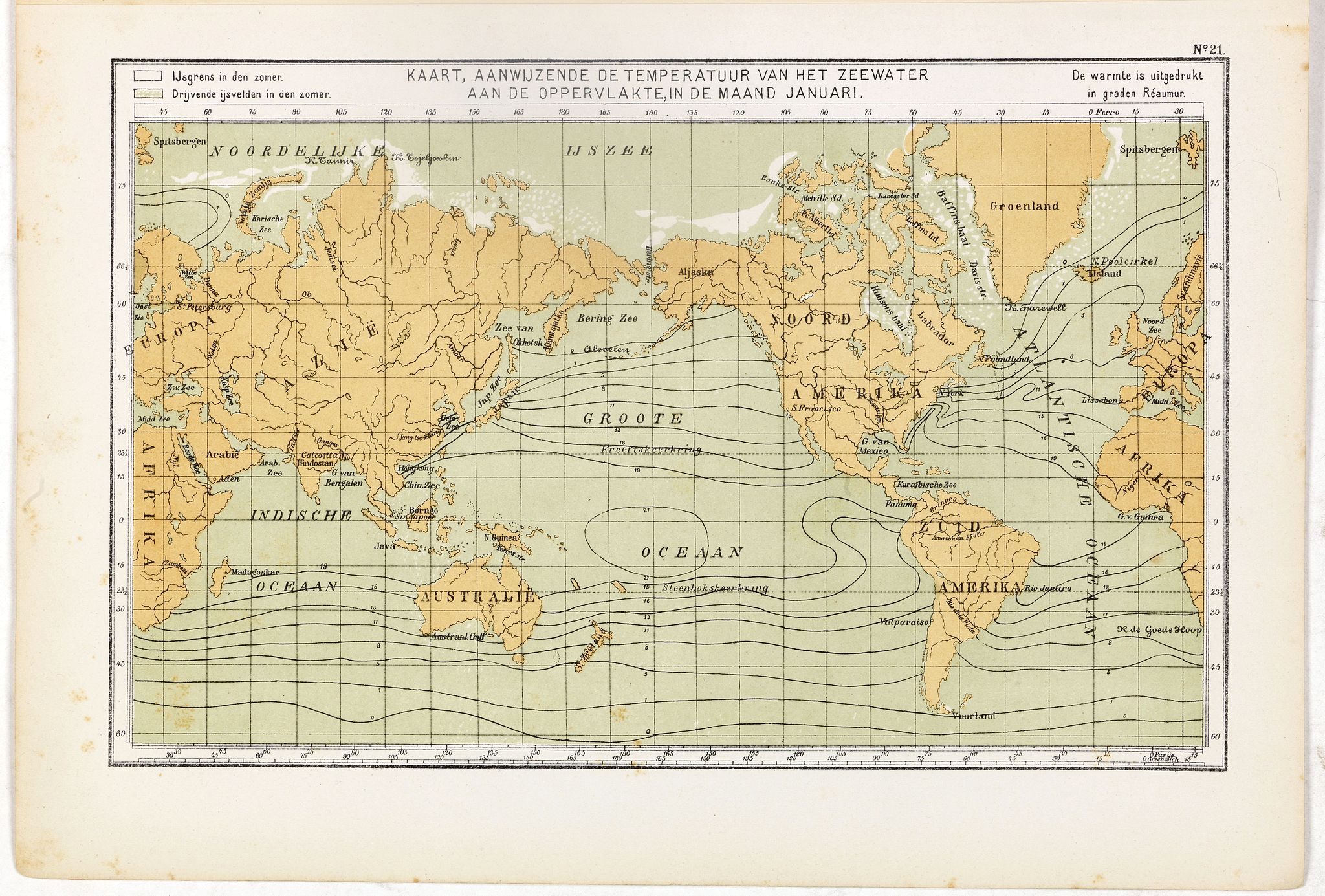 POSTHUMUS, N.W., Kaart, Aanwujzende de temperatuur van het zeewater aan de oppervlakte, in de maand Januari., antique map, old maps