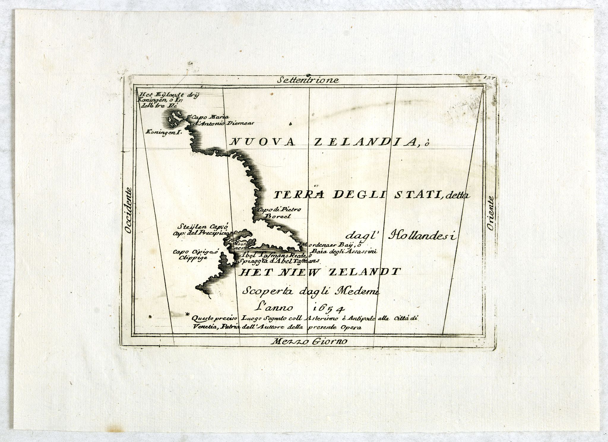 CORONELLI, V. M., Nouva Zelanda, ò Terra Degli Stati, detta dagl'Hollandesi Het Niew Zelandt. scoperta dagli medemi l'anno 1654 . . ., antique map, old maps