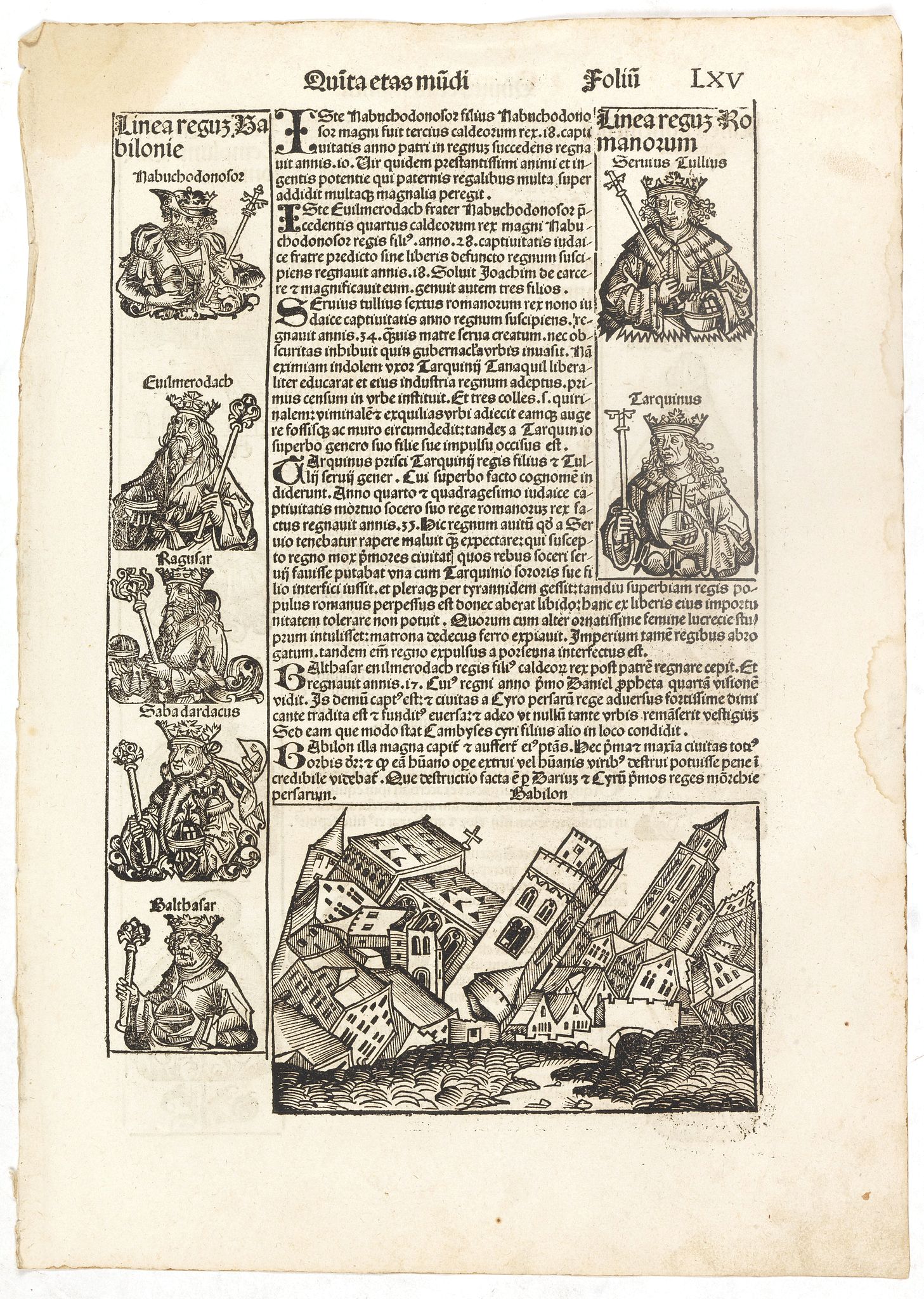 SCHEDEL, H., Quinta Etas Mudi. Folium. LXV (With view of Babylon), antique map, old maps