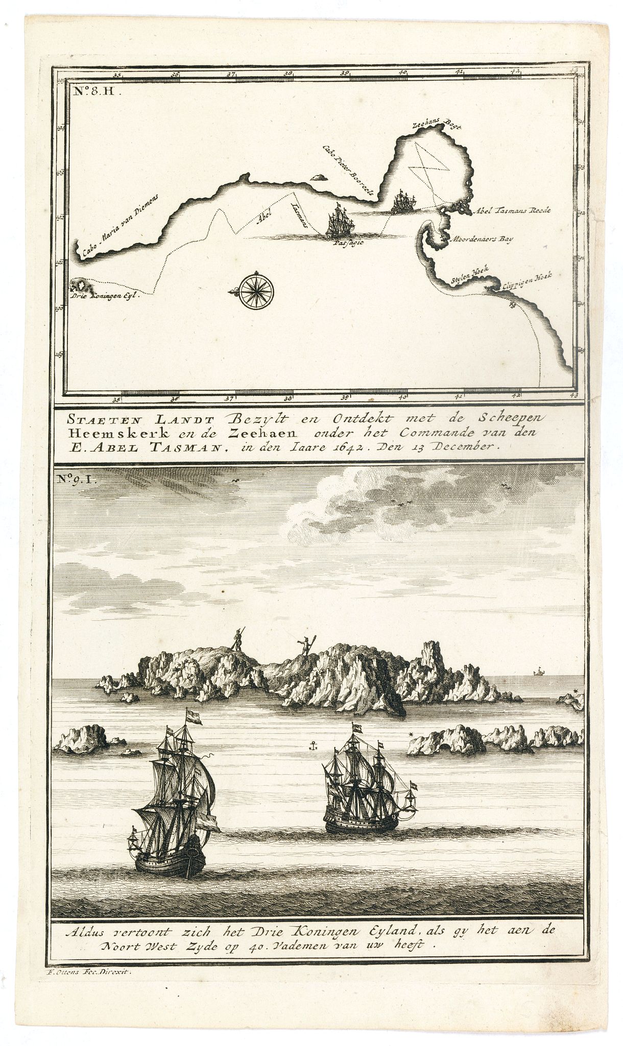 VALENTIJN, F., Staeten Landt Bezylt en Ontdekt met de Scheepen Heemskerk en de Zeehaen onder het Commande van den E. Abel Tasman. In den Iaare 1642. Den 13 December., antique map, old maps