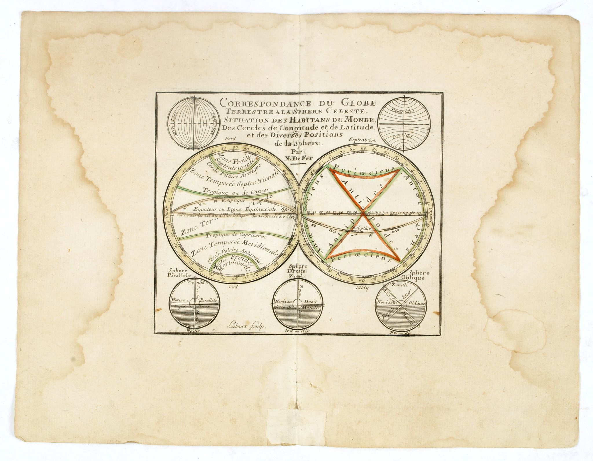 DE FER, N., Correspondance du Globe Terrestre a la sphère Celeste . . ., antique map, old maps