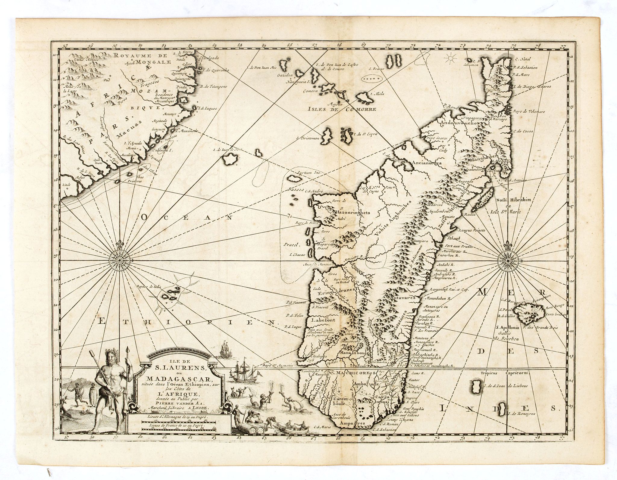 VAN DER AA, P., Ile de S. Laurens, ou Madagascar, située dans L’Ocean Ethiopien, sur les Côtes de L’Afrique., antique map, old maps