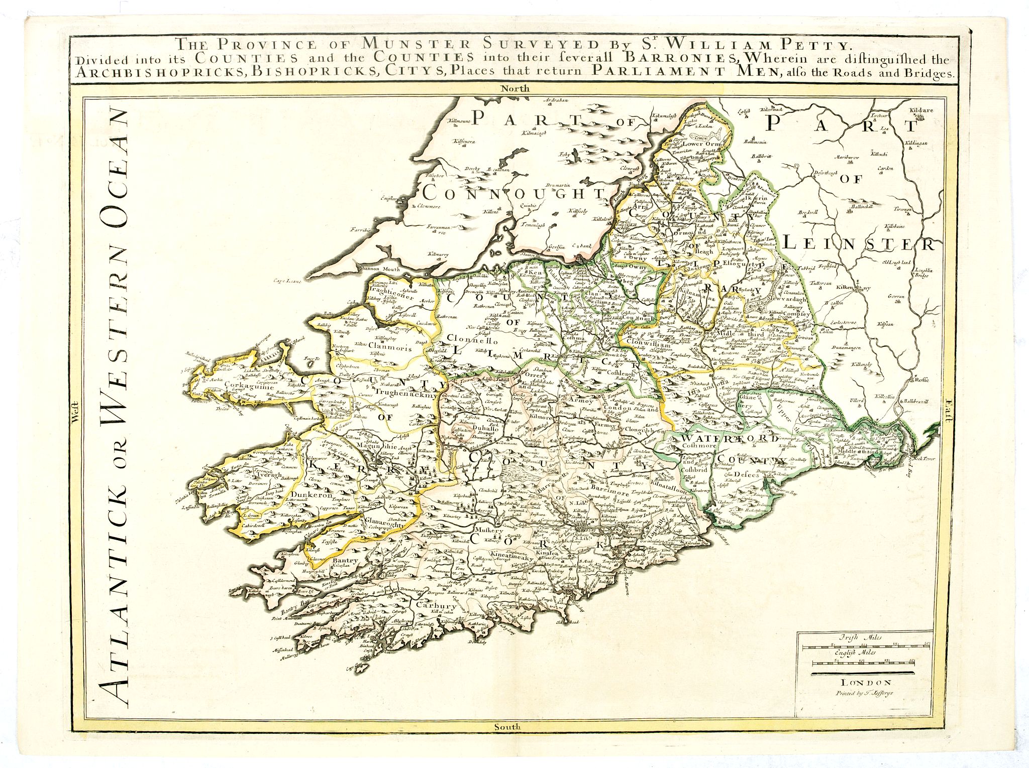 JEFFERYS, T., The Province of Munster Surveyed By Sr. William Petty : Divided into its Counties and the Counties into their serevall Barronies, Wherein are distinghished the . . ., antique map, old maps