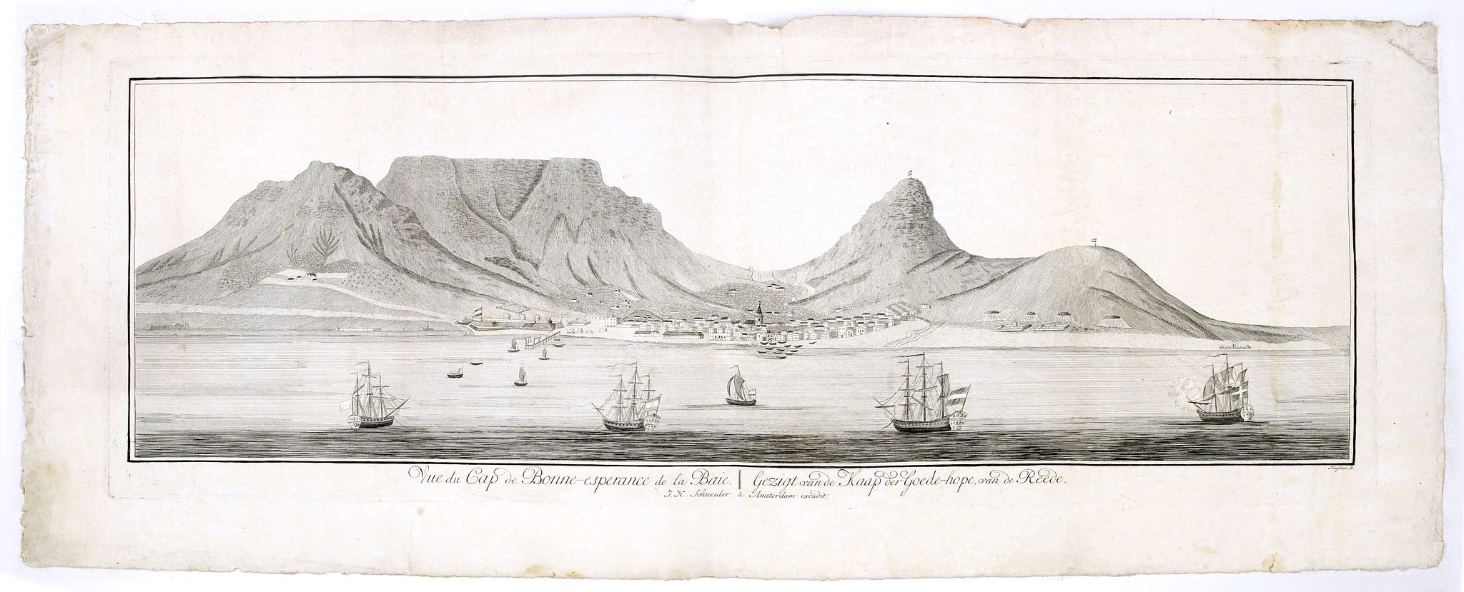 SCHNEIDER, J.H., Vue du Cap de Bonne esperance de la baie / Gezigt van de Kaap der Goede hope van de reede., antique map, old maps