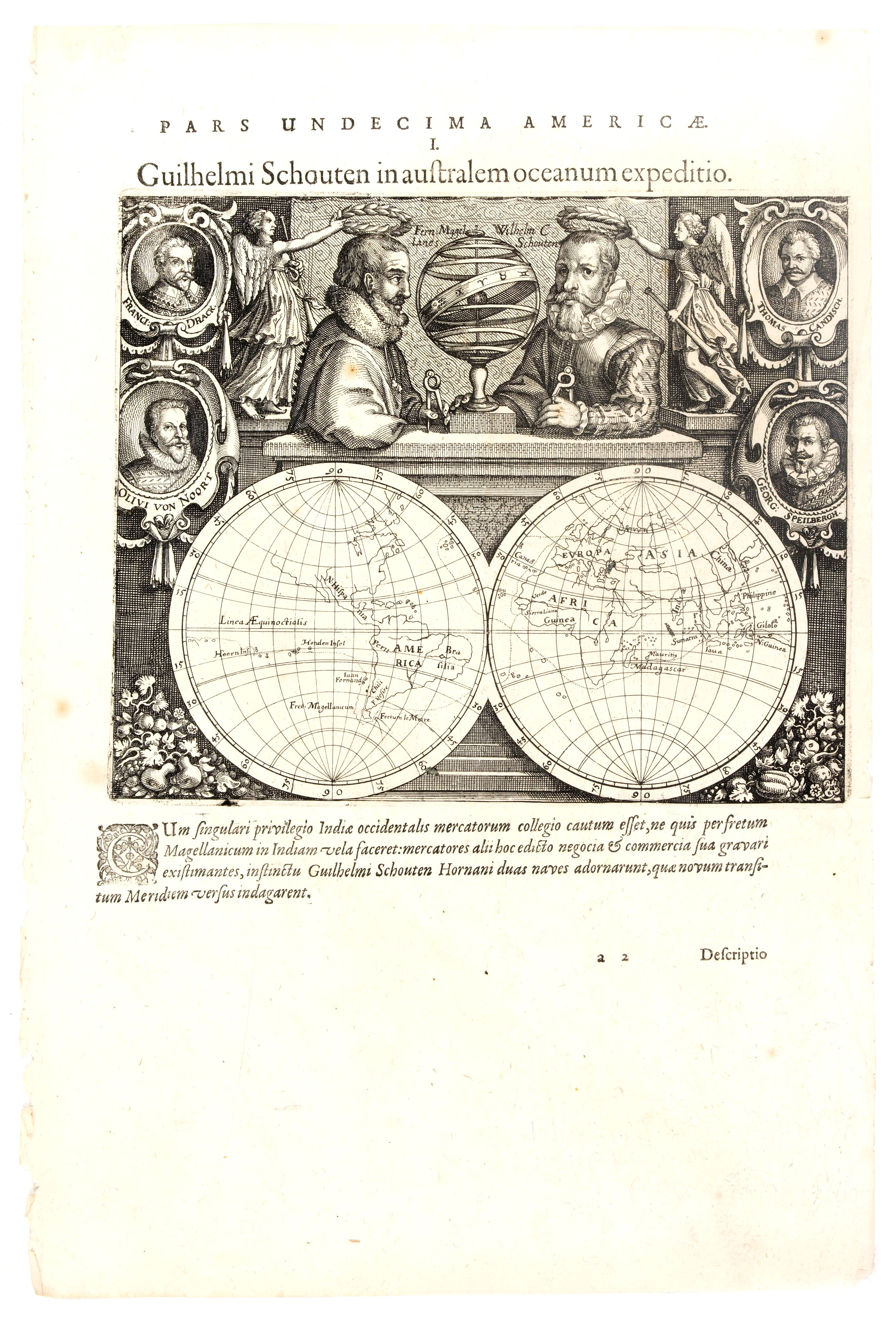 DE BRY, Th., (World map showing the track round the world by Le Maire and Schouten)., antique map, old maps