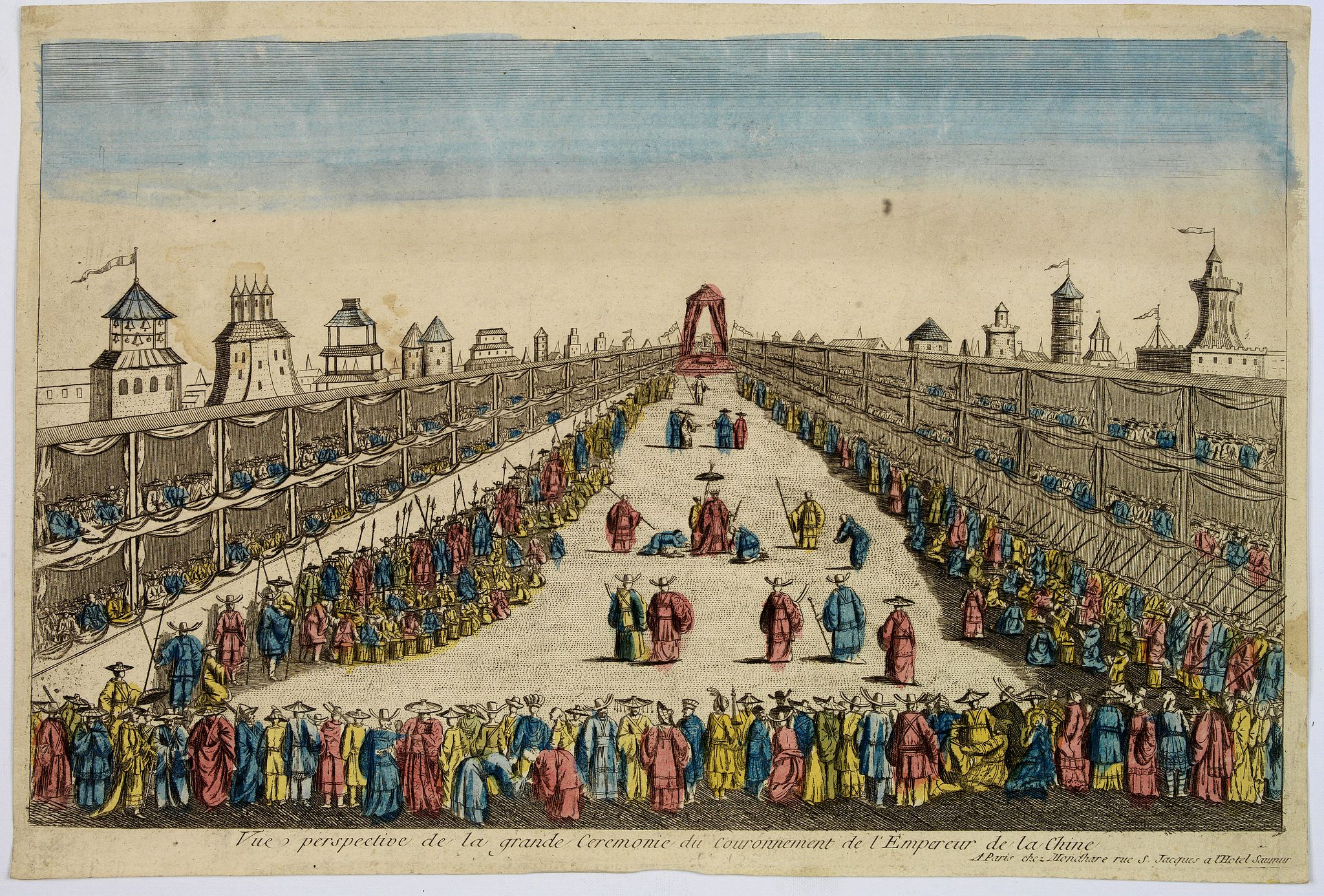 MONDHARE, Vue perspective de la grande Ceremonie du Couronnement de l'Empereur de la Chine., antique map, old maps