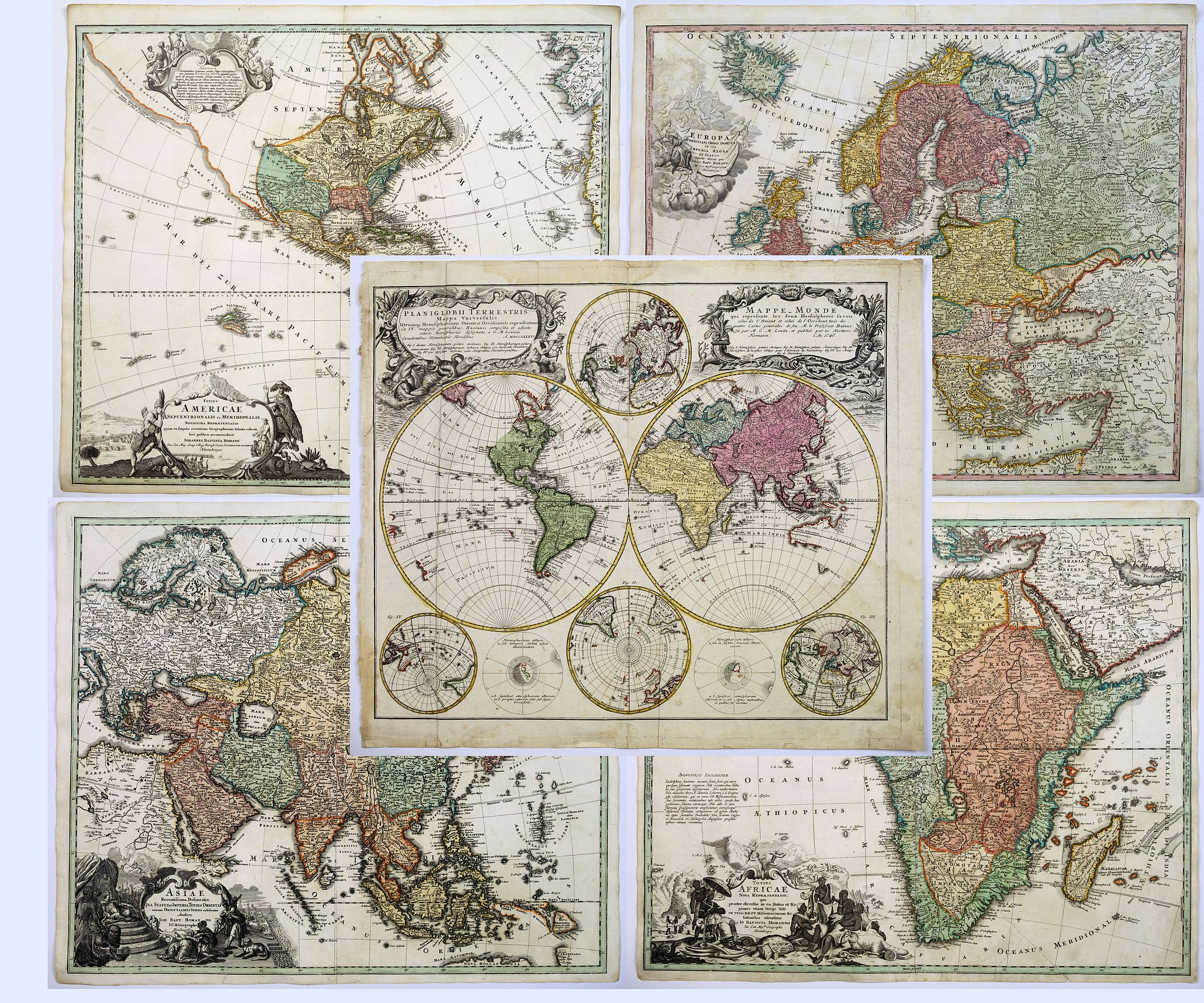 HOMANN HEIRS., (Set of world and continents) Planiglobii Terrestris cum Utroq Hemisphaerio .., antique map, old maps