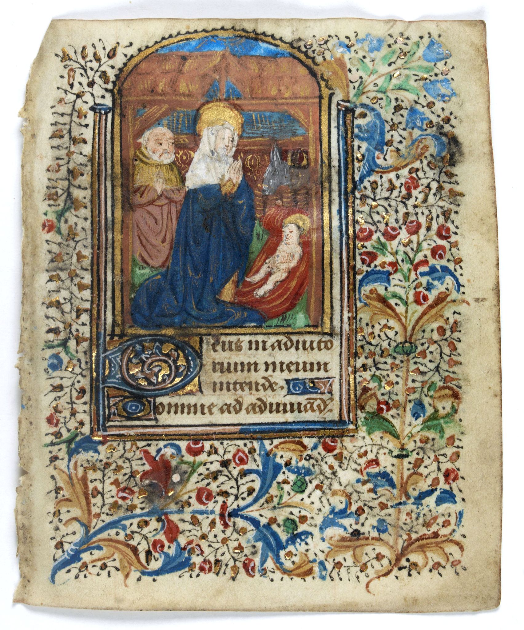 BOOK OF HOURS, Leaf on vellum from a manuscript Book of Hours with miniature of Christ with Maria and Joseph., antique map, old maps