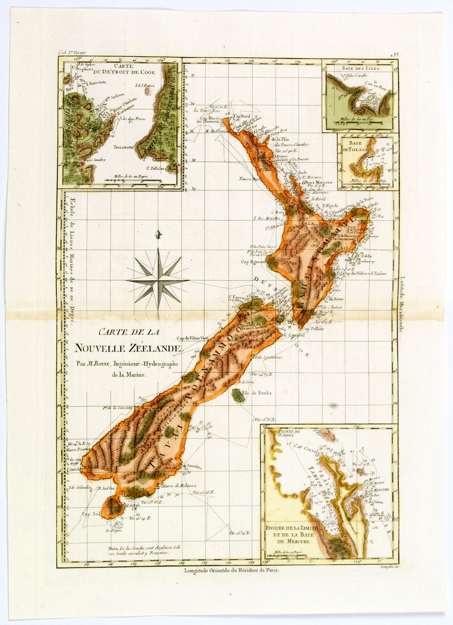 BONNE, R., Carte de la Nouvelle Zéelande., antique map, old maps