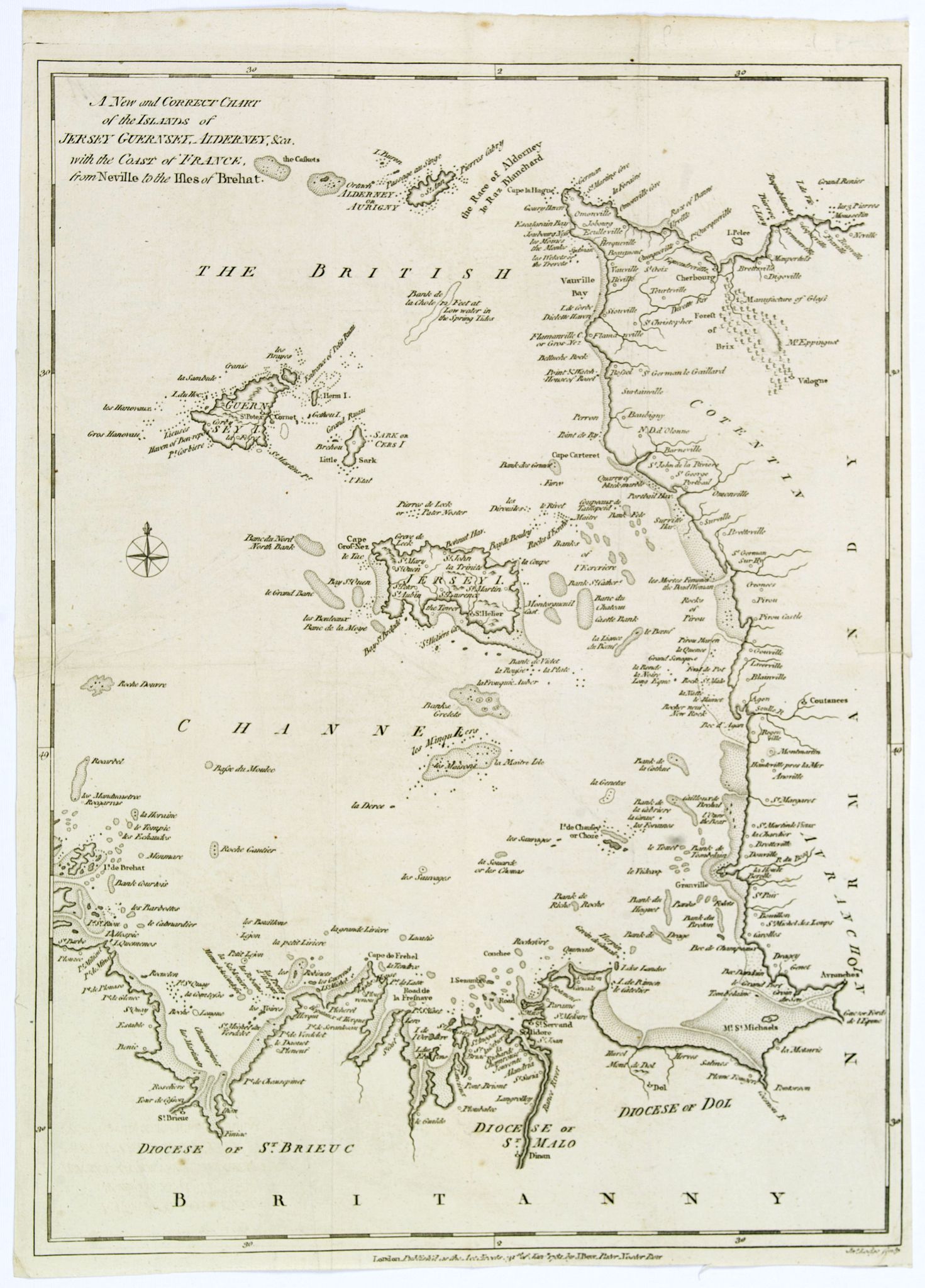 BEW, J., A New and Correct Chart of the Islands of Jersey, Guernsey, Alderney…, antique map, old maps