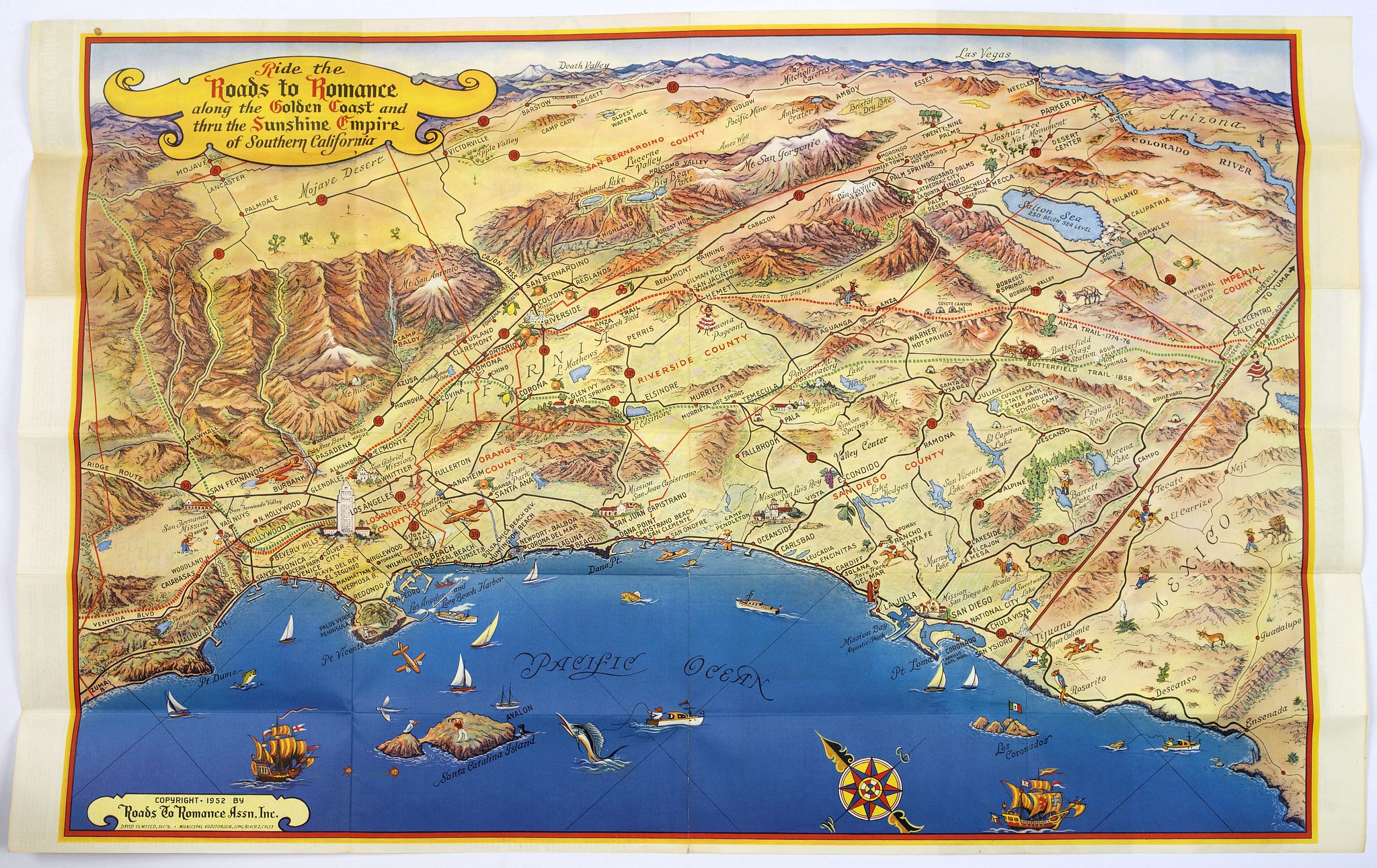 ROADS TO ROMANCE ASSOCIATION., Ride the Roads to Romance along the Golden Coast…, antique map, old maps