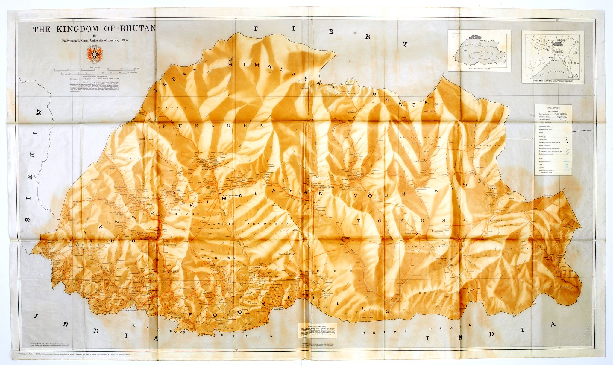 Pradyumna P. Karan, The Kingdom of Bhutan., antique map, old maps