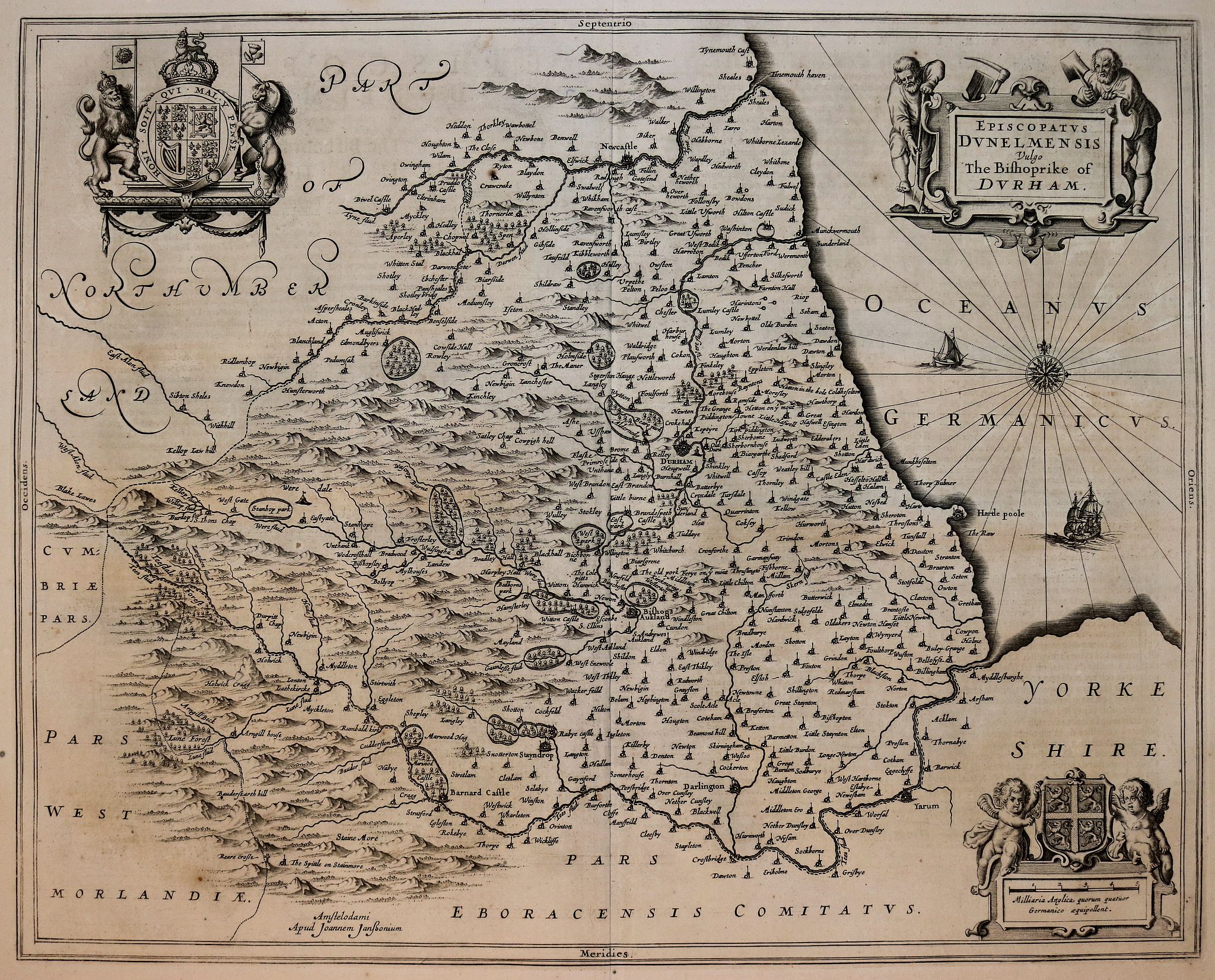JANSSONIUS, J., Episcopatus Dunelmensis. Vulgo The Bishoprike of Durham., antique map, old maps