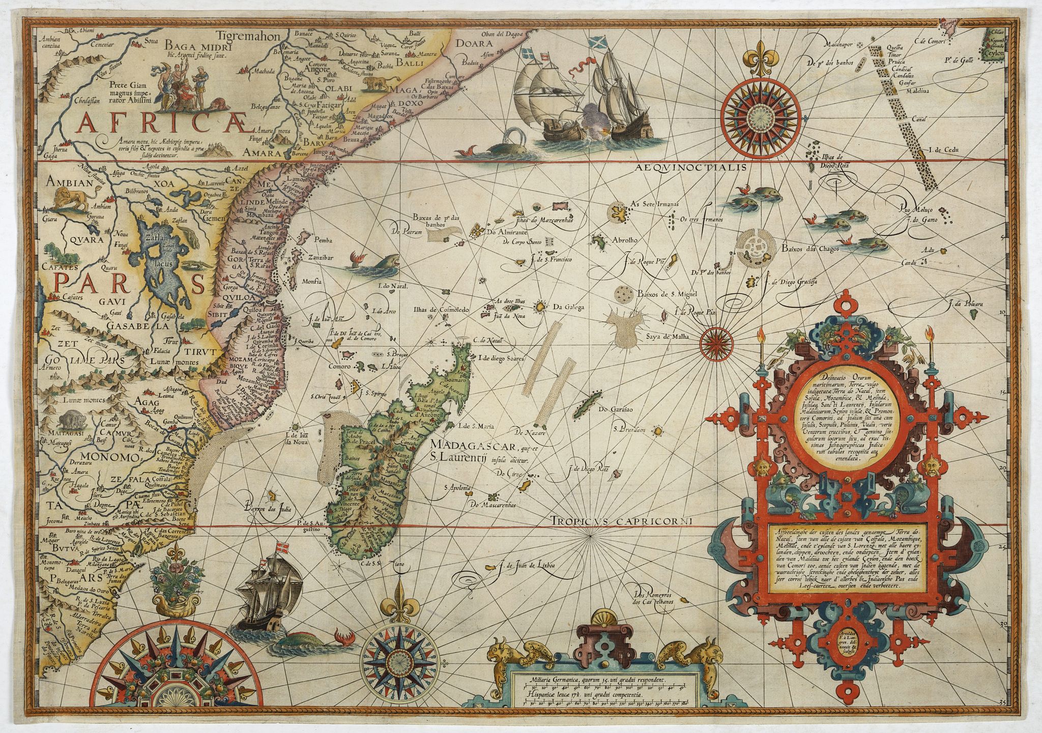 VAN LINSCHOTEN, J.H., Delineatio orarum maritimarum, terræ vulgo indigetatæ terræ do Natal, item Sofalæ, Mozambicæ & Melindæ, insulæque Sancti Laurentii. . . / Affbeeldinghe der custen des landts genaempt terra do Natal, item van alle de custen van Coffala, Mozambique. ., antique map, old maps