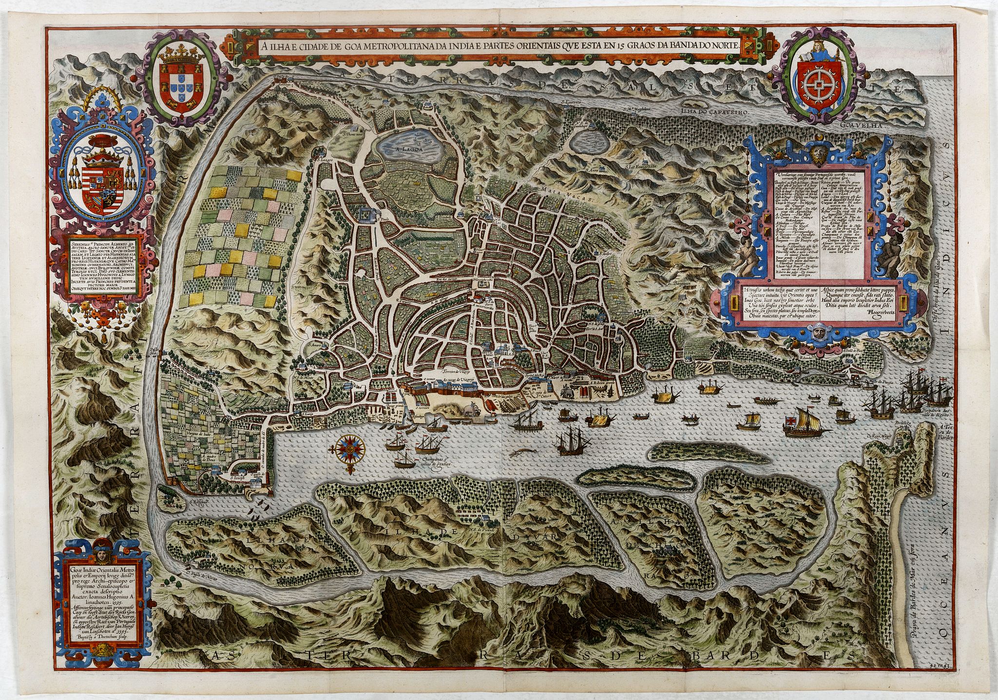 VAN LINSCHOTEN, J.H., A Ilha e Cidade de Goa Metropolitana da India E Partes Orientais que esta en 15 Graos da Banda da Norte. . ., antique map, old maps
