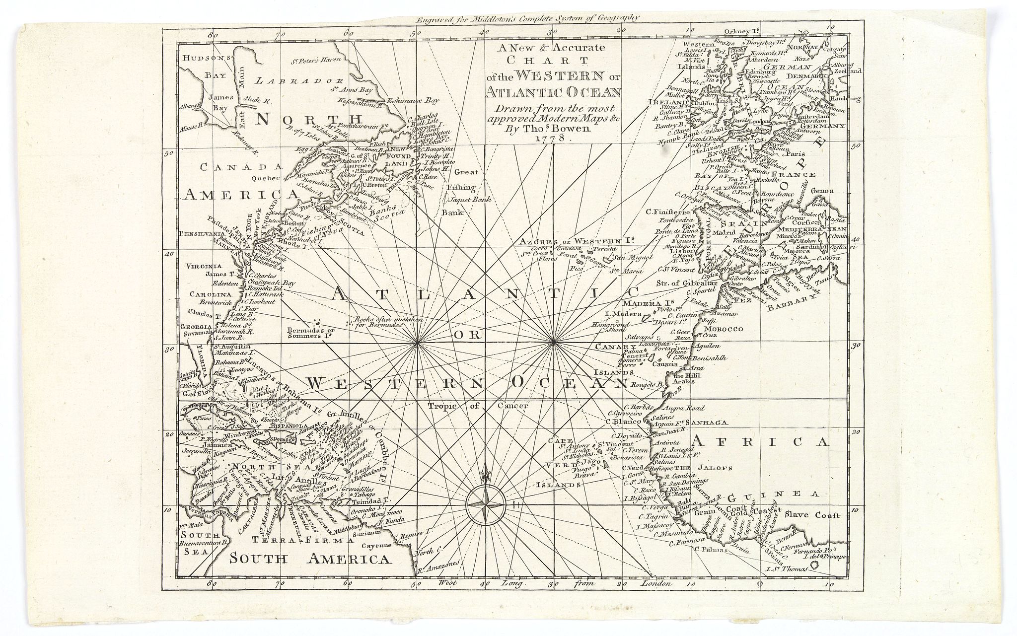 BOWEN, Thomas., A New & Accurate Chart of the Western or Atlantic Ocean., antique map, old maps