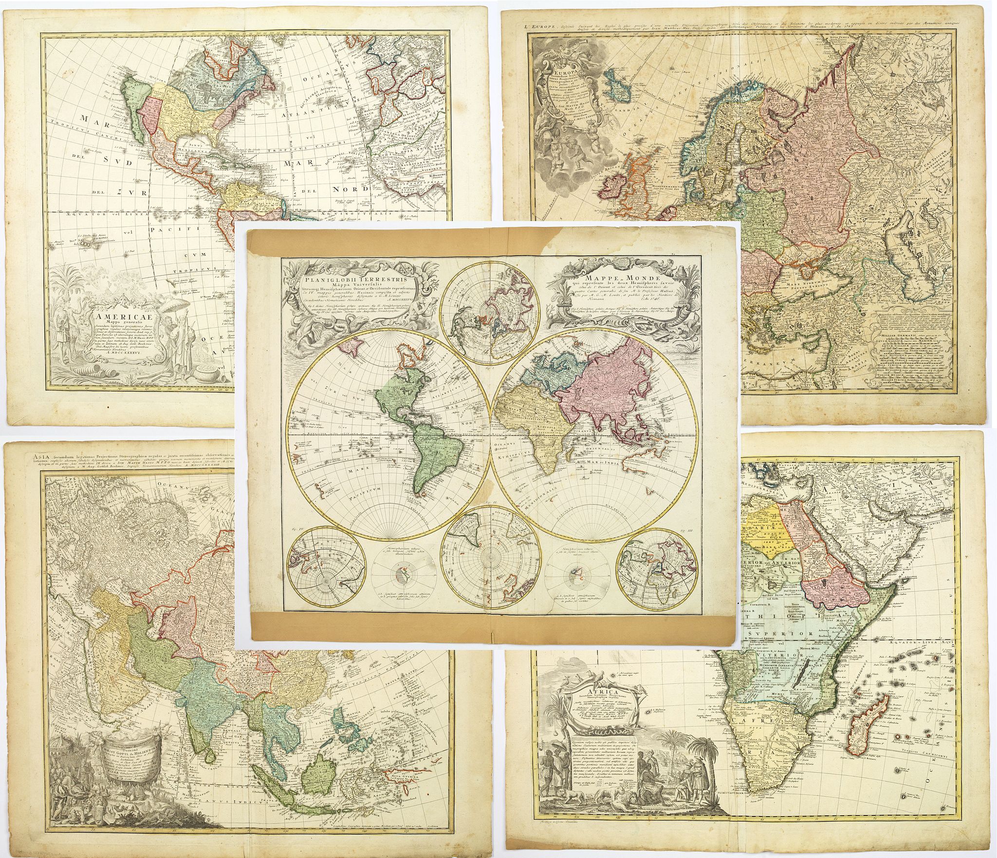 HOMANN HEIRS., (Set of world and continents) Planiglobii Terrestris cum Utroq Hemisphaerio…, antique map, old maps