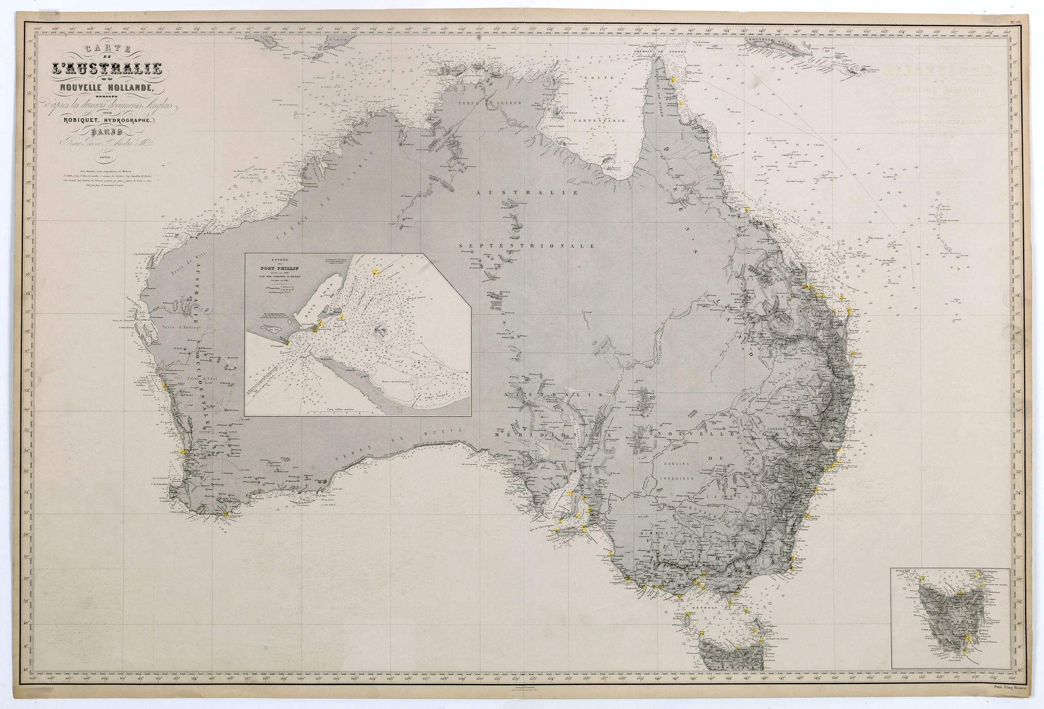 ROBIQUET., Carte de l'Australie ou Nouvelle Hollande dressée d'aprés les derniers documents Anglais par Robiquet, Hydrographe, . . ., antique map, old maps