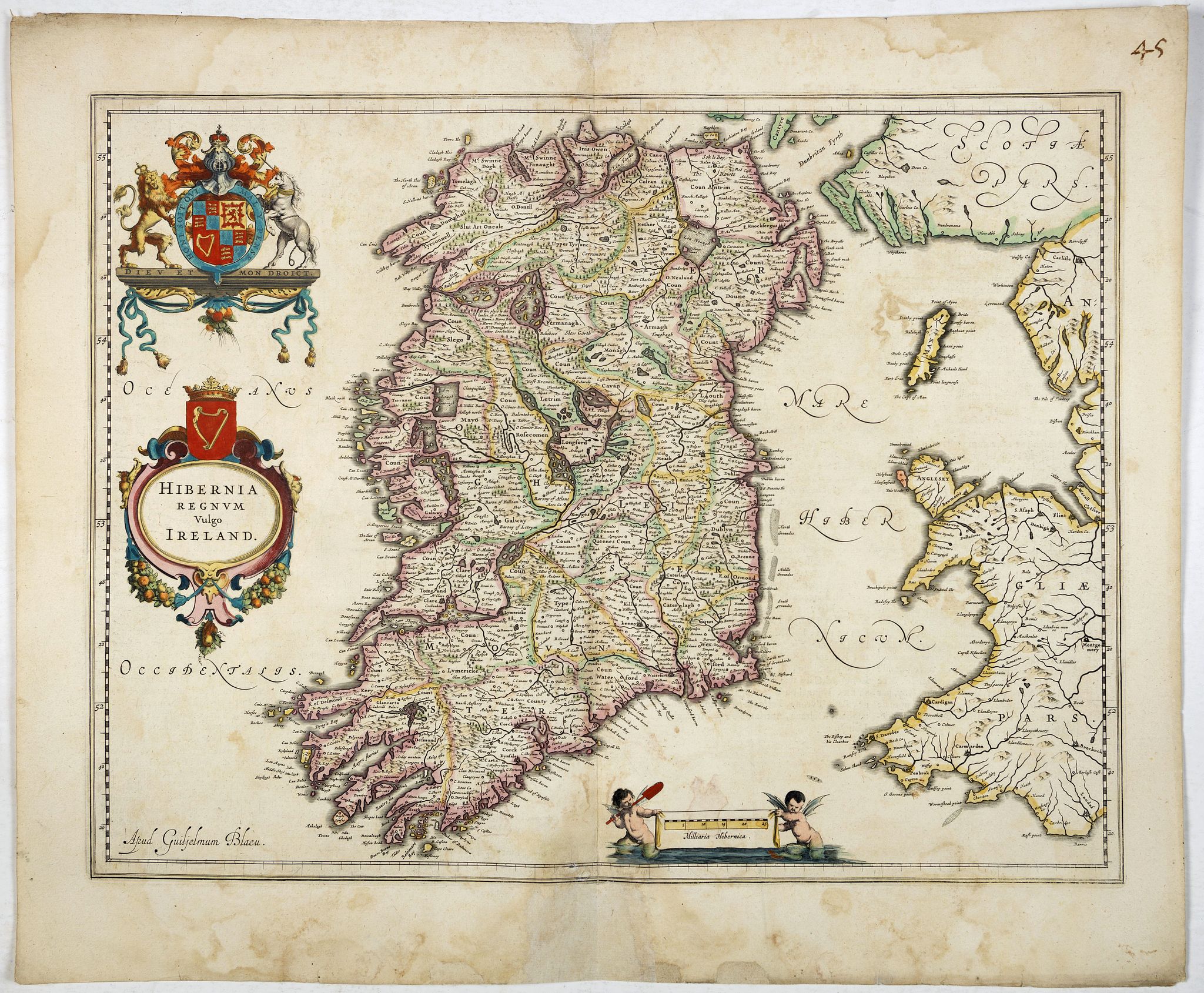 BLAEU, W., Hibernia regnum vulgo Ireland., antique map, old maps