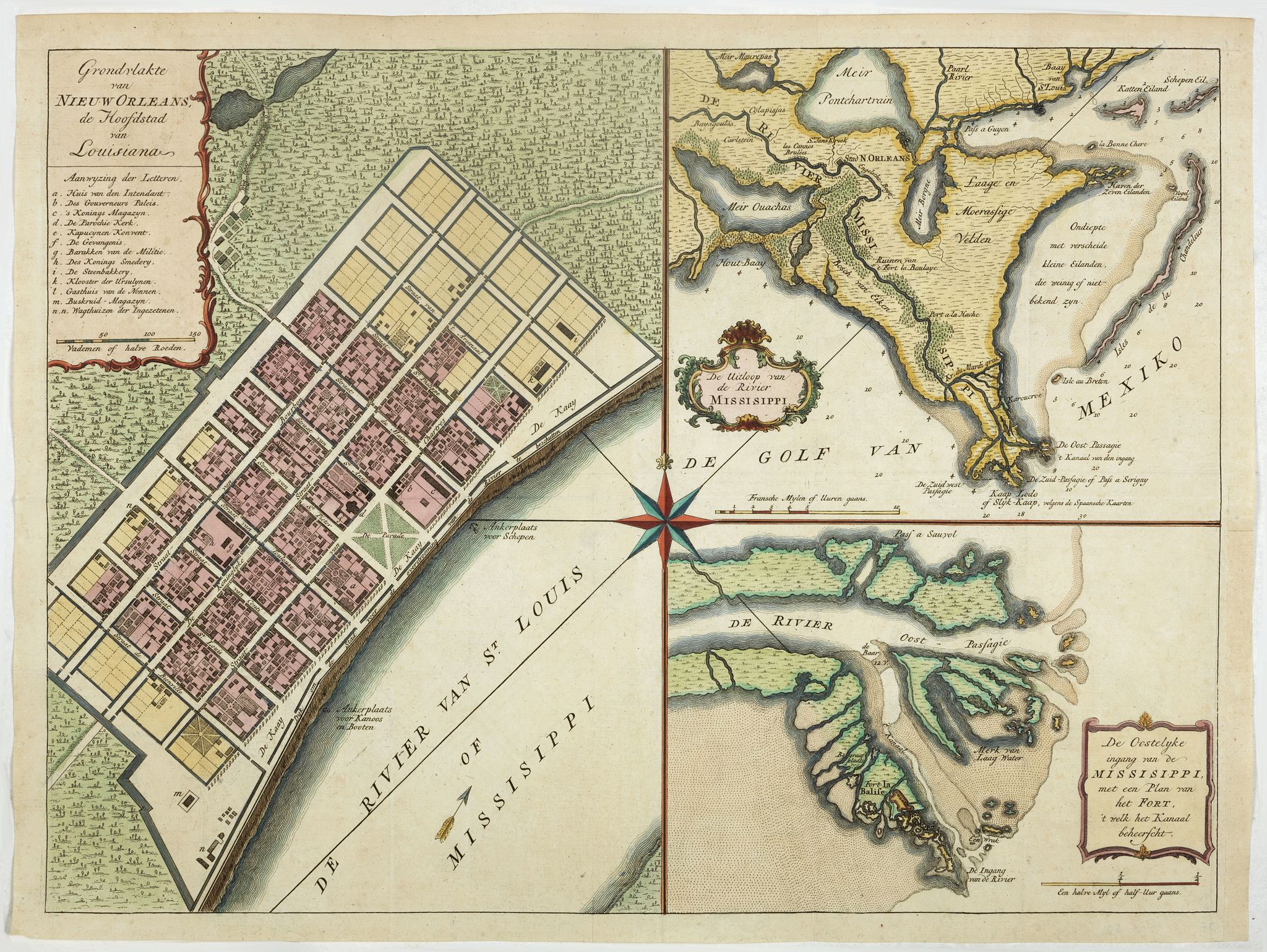 TIRION, I., Grondvlakte van Nieuw Orleans de Hoofdstad van Louisiana. / De uitloop van de Rivier Missisippi./ De Oostelijke ingang van de Missisippi. . ., antique map, old maps