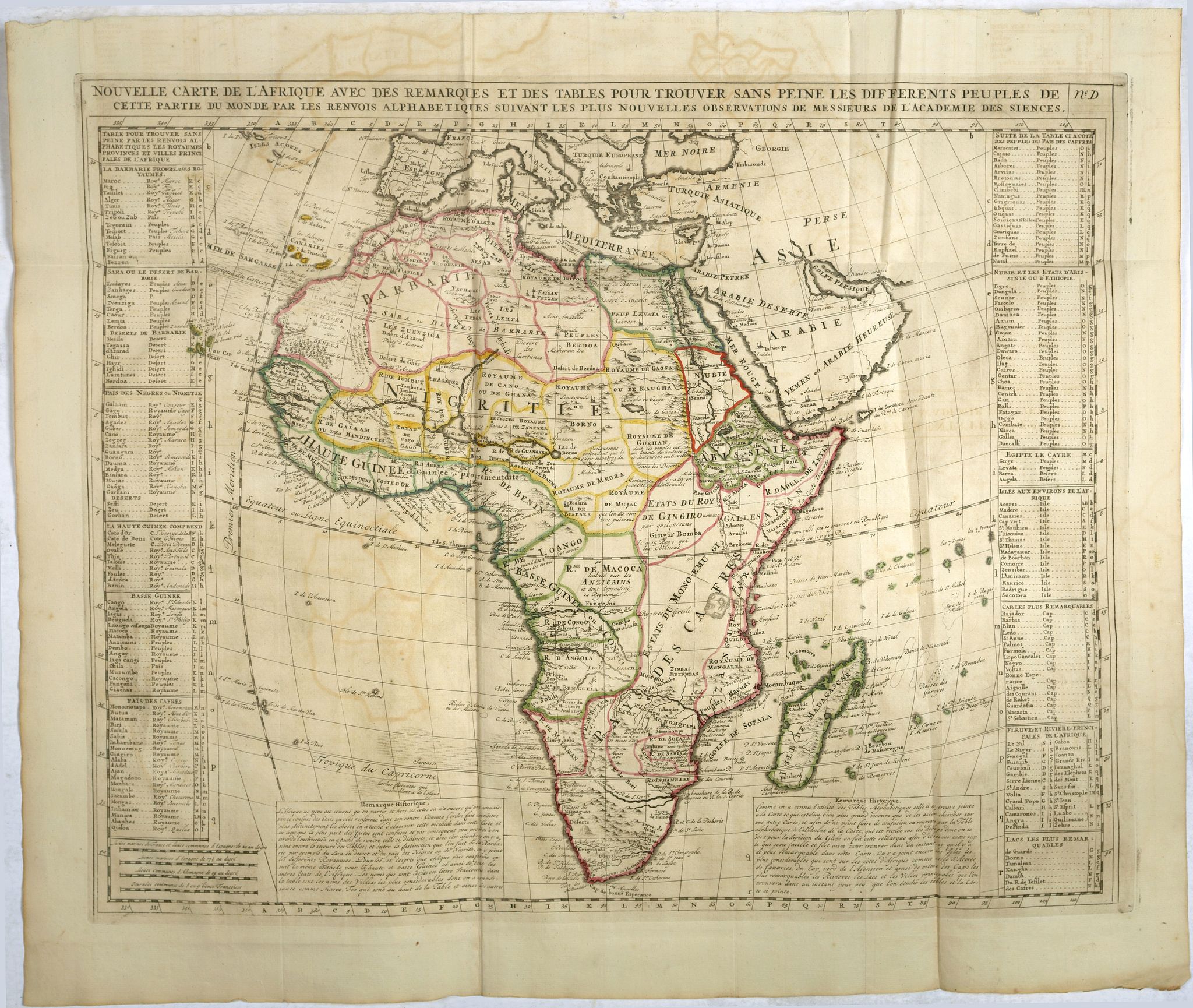 CHATELAIN, H., Nouvelle carte de l'Afrique avec des remarques et des tables pour trouver sans peine les differents peuples de cette partie du Monde par les Renvois Alphabetiques suivant les plus nouvelles Observations de Messieurs de l'Academie des Siences., antique map, old maps