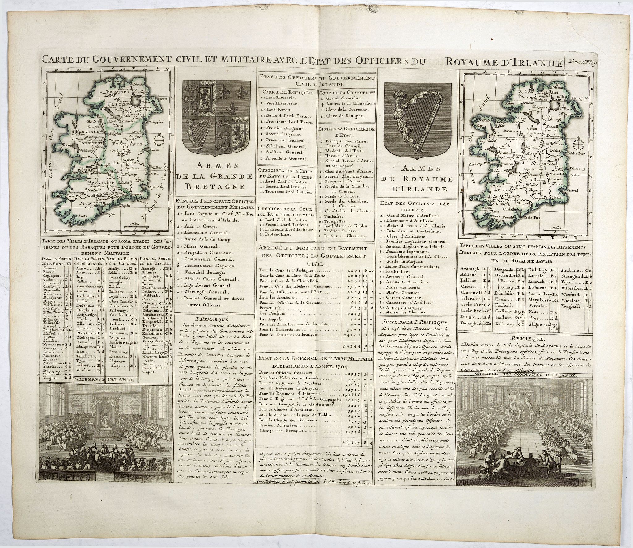 CHATELAIN, H., Carte du gouvernement civil et militaire avec l'Etat des Officiers du Royaume d'Irlande . . ., antique map, old maps