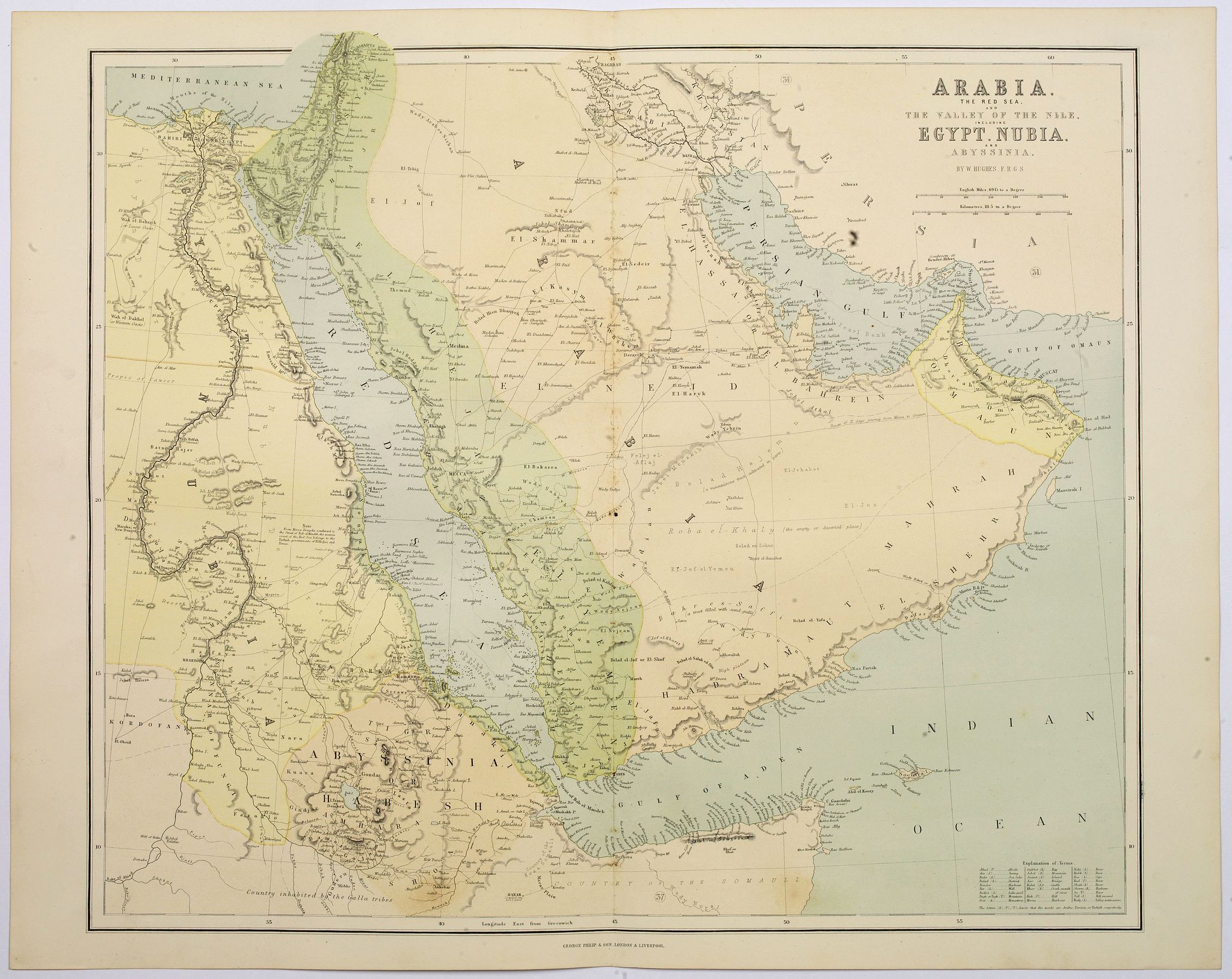 HUGHES, W., Arabia, the Red Sea, the Valley of the Nile, Egypt, Nubia and Abyssinia., antique map, old maps
