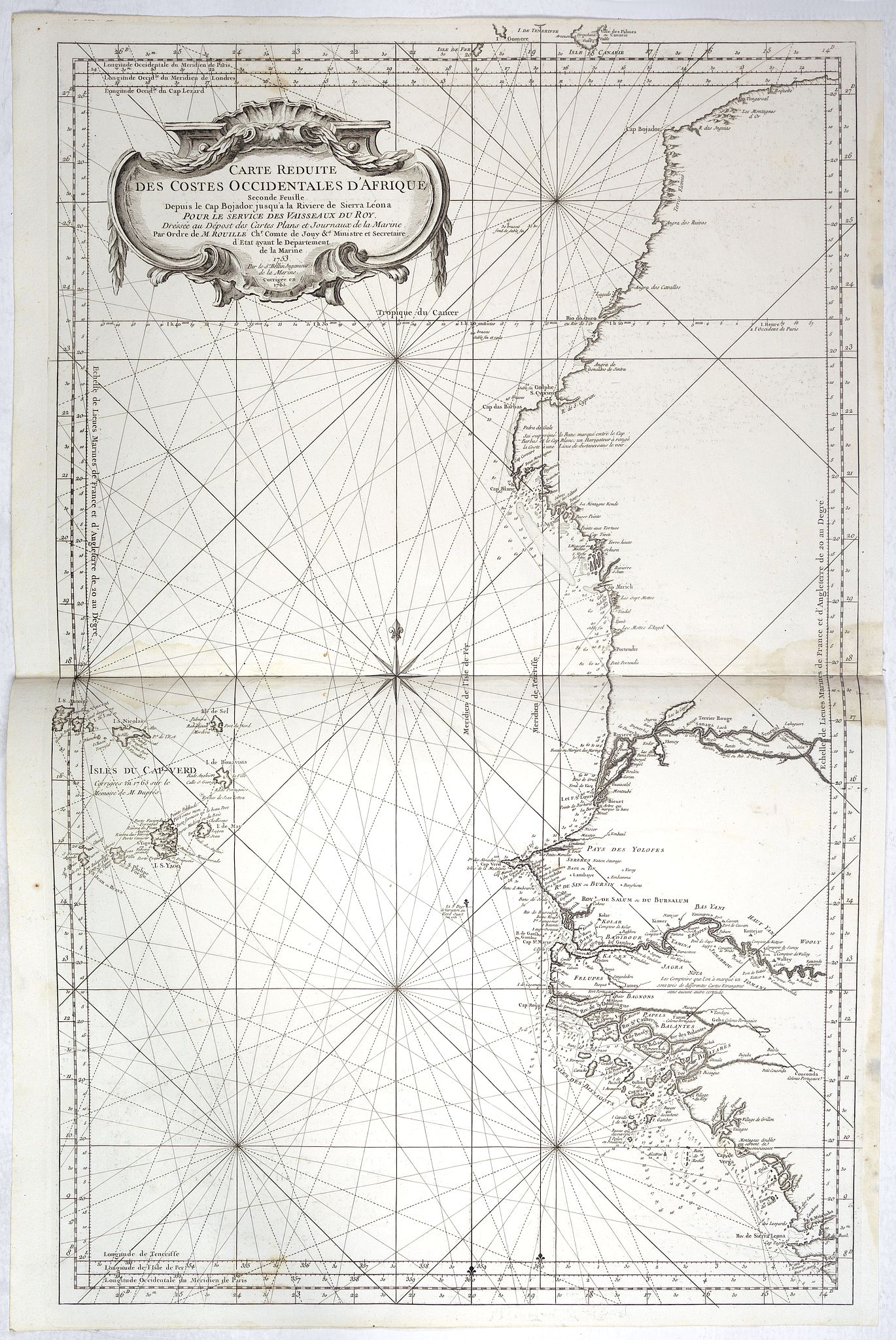 DÉPOT DE LA MARINE:, Carte Reduite des Costes Occidentales d'Afrique seconde feuille depuis le Cap Bojador jusqu'a la Riviere de Sierra Leona pour le service des Vaisseaux du Roy... Seconde feuille.., antique map, old maps